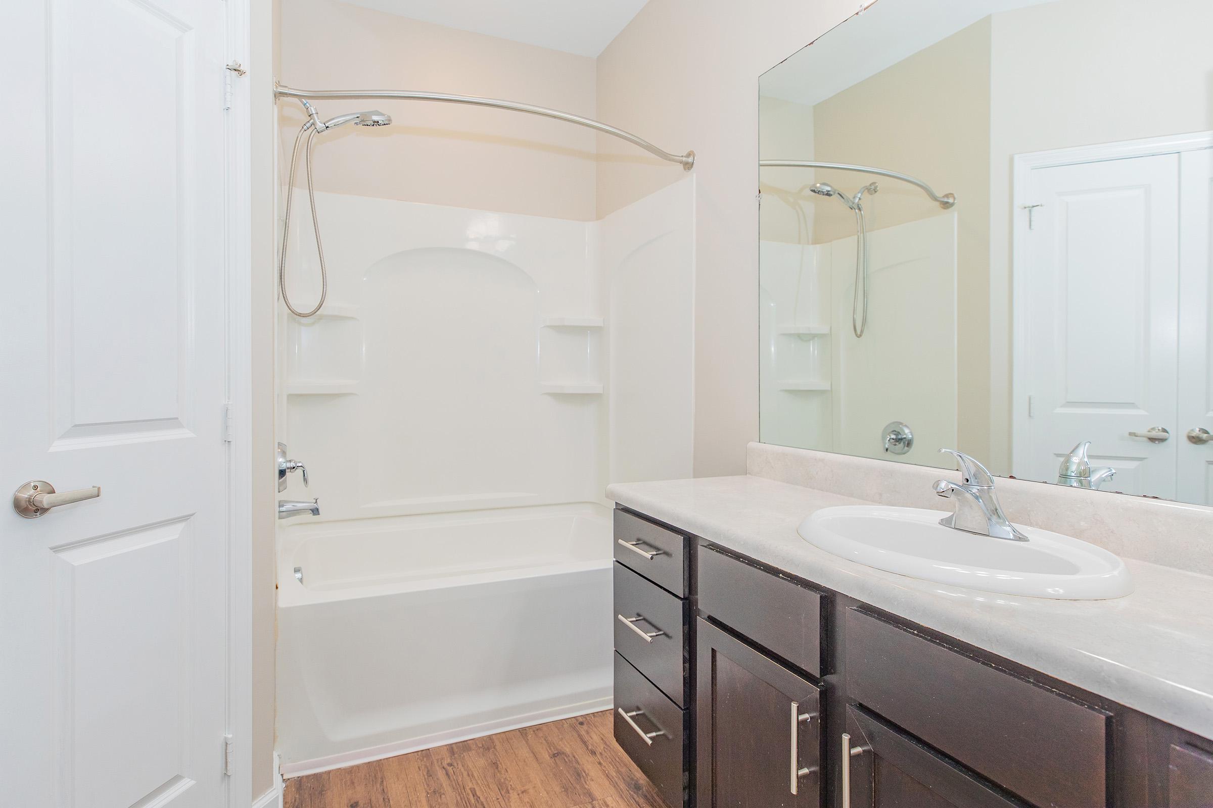 A modern bathroom featuring a white bathtub with a shower, two built-in shelves, a large mirror above a sink with a sleek faucet, and dark wooden cabinets. The walls are painted a light color, and there is a door visible leading to another area. The flooring is wood-like.
