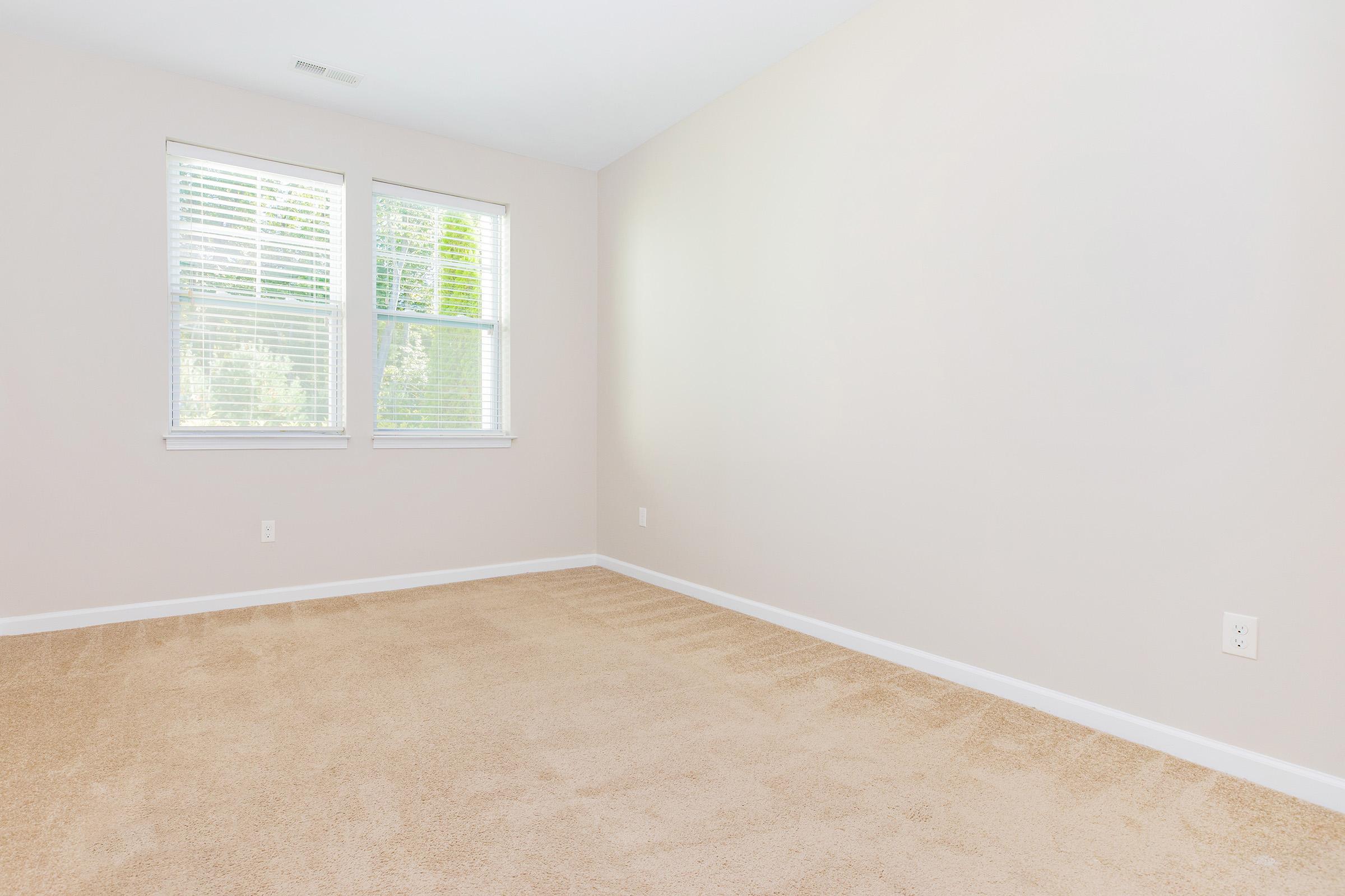Empty room with light beige carpet, two windows allowing natural light, and neutral wall color. The space appears clean and well-lit, suitable for various uses or decoration.