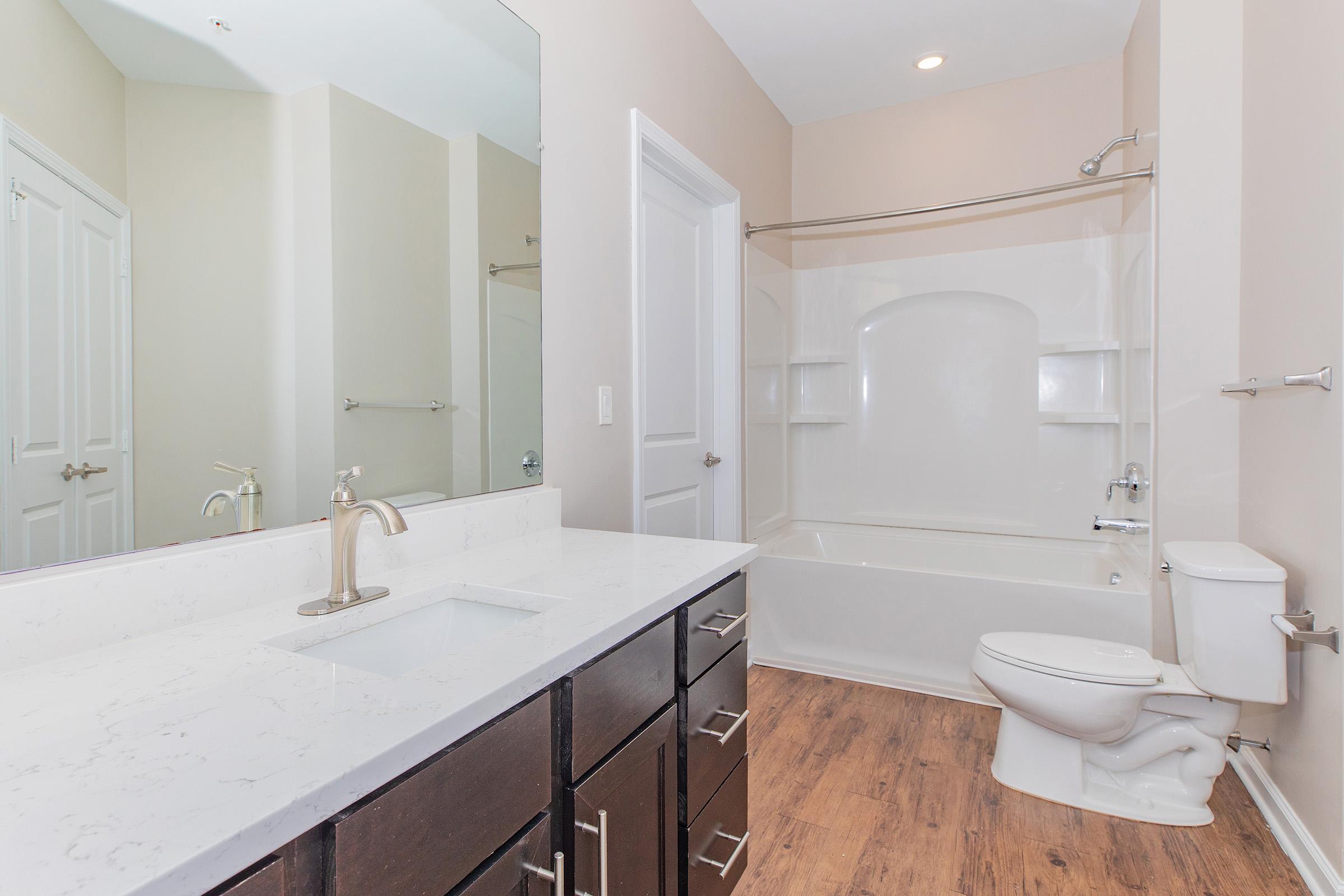 Modern bathroom featuring a white tub and shower combination, a vanity with a white sink and dark cabinetry, a toilet, and light-colored walls. The space has a large mirror above the sink and wooden flooring, creating a clean and spacious atmosphere.