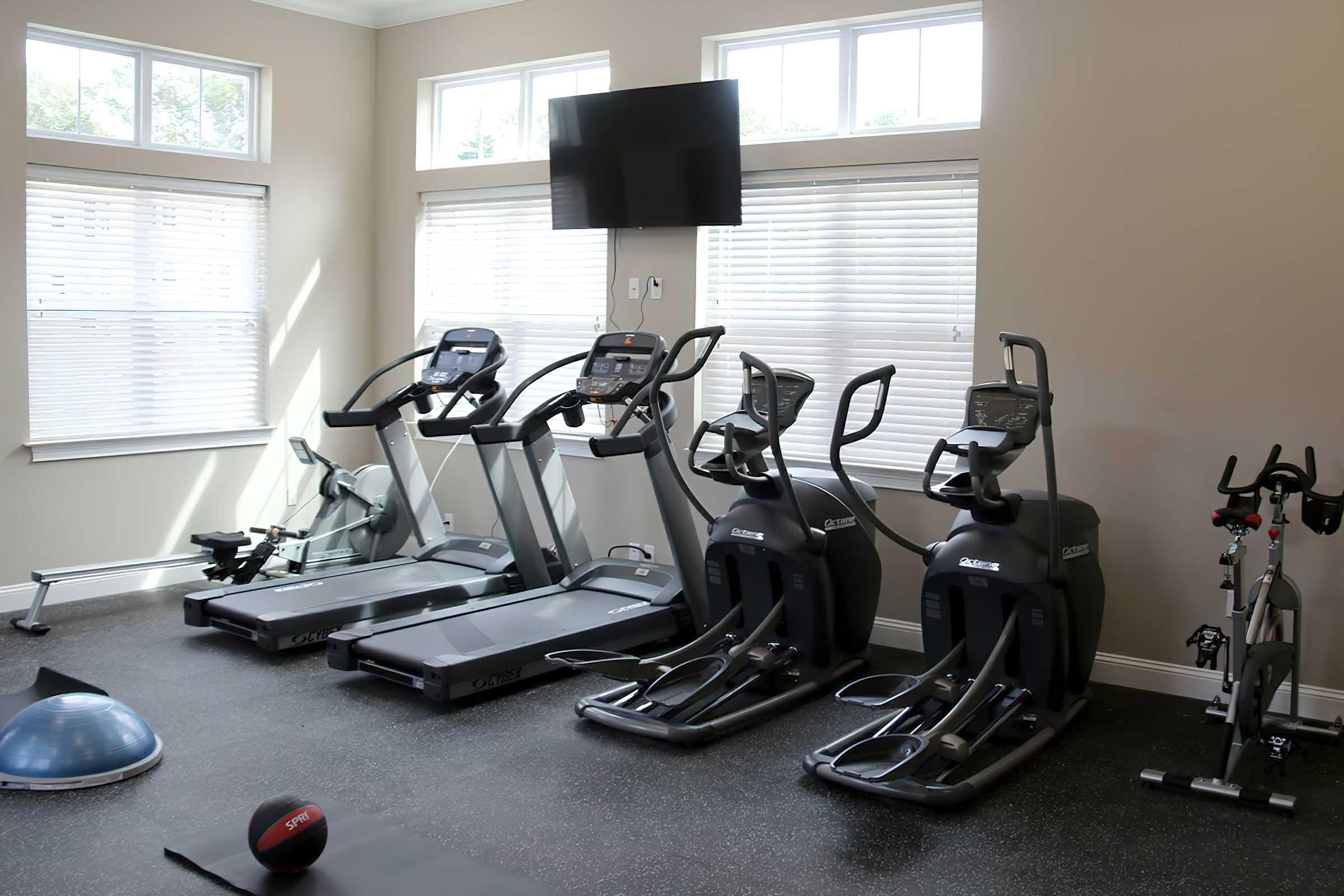A well-lit home gym with exercise equipment, including treadmills, ellipticals, and a stationary bike. There is a stability ball on the floor and a wall-mounted TV. Large windows allow natural light to fill the space, creating an inviting workout environment.
