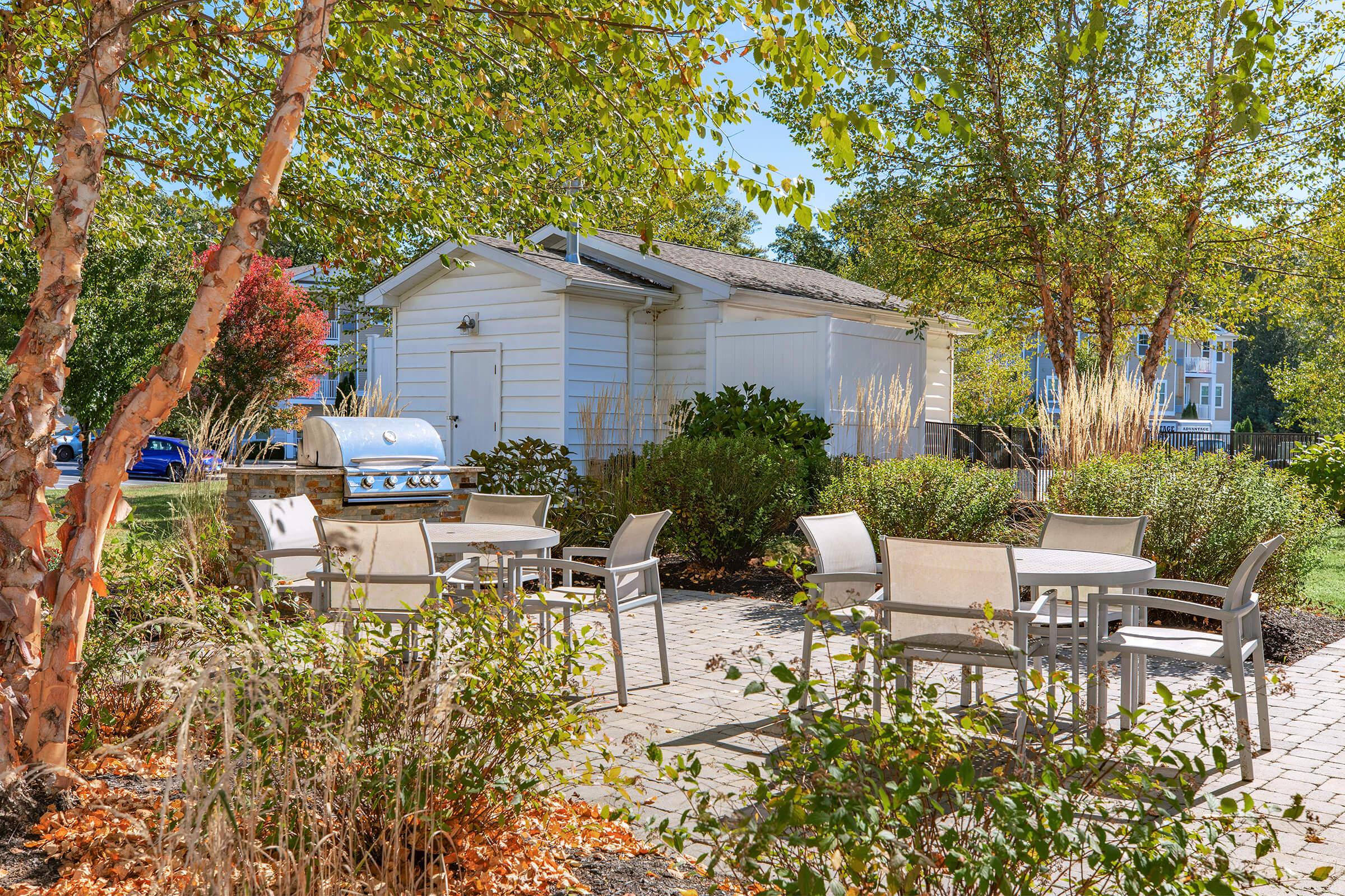 Outdoor patio area with patio furniture, including tables and chairs, surrounded by greenery and ornamental grasses. A large grill is visible in the background near a white shed. The setting is bright and sunny, with trees displaying autumn colors.