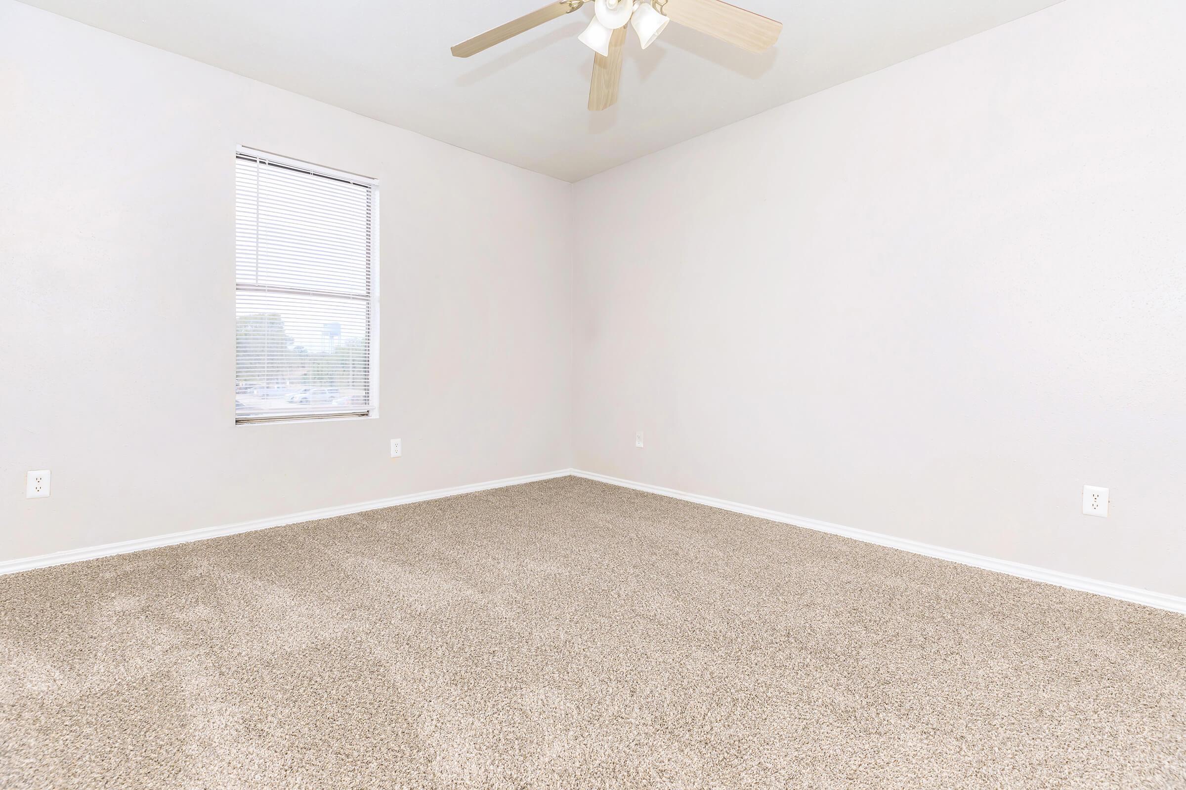 A vacant room featuring light-colored walls, a ceiling fan, and a window with blinds. The floor is covered in beige carpet, creating a clean and open space, with no furniture or decorations present.