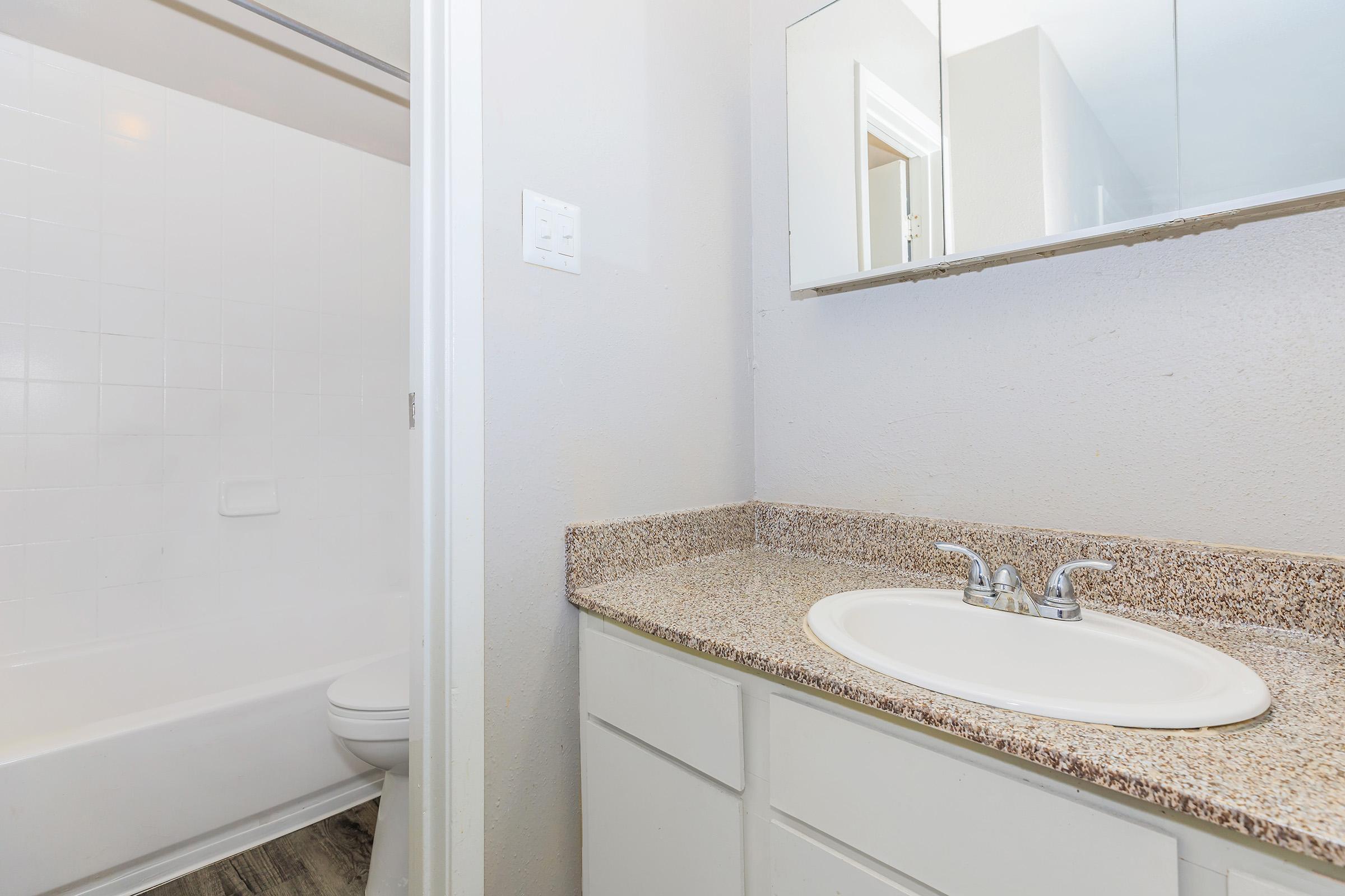 A bathroom featuring a double sink vanity with a granite countertop, a large mirror above, and a shower/tub combination with white tiles. The space is well-lit, showcasing neutral-colored walls and a clean, modern design. There is also a toilet in a separate area of the room.