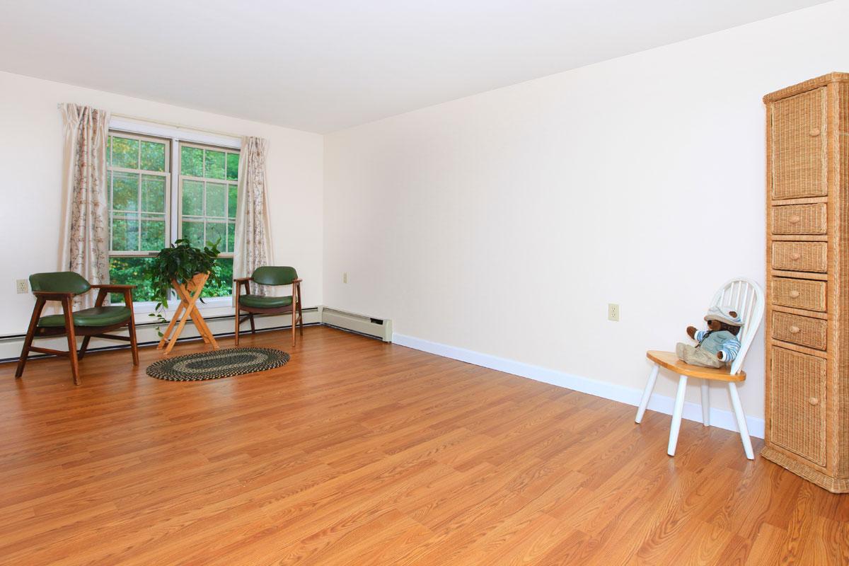 a living room with a hard wood floor