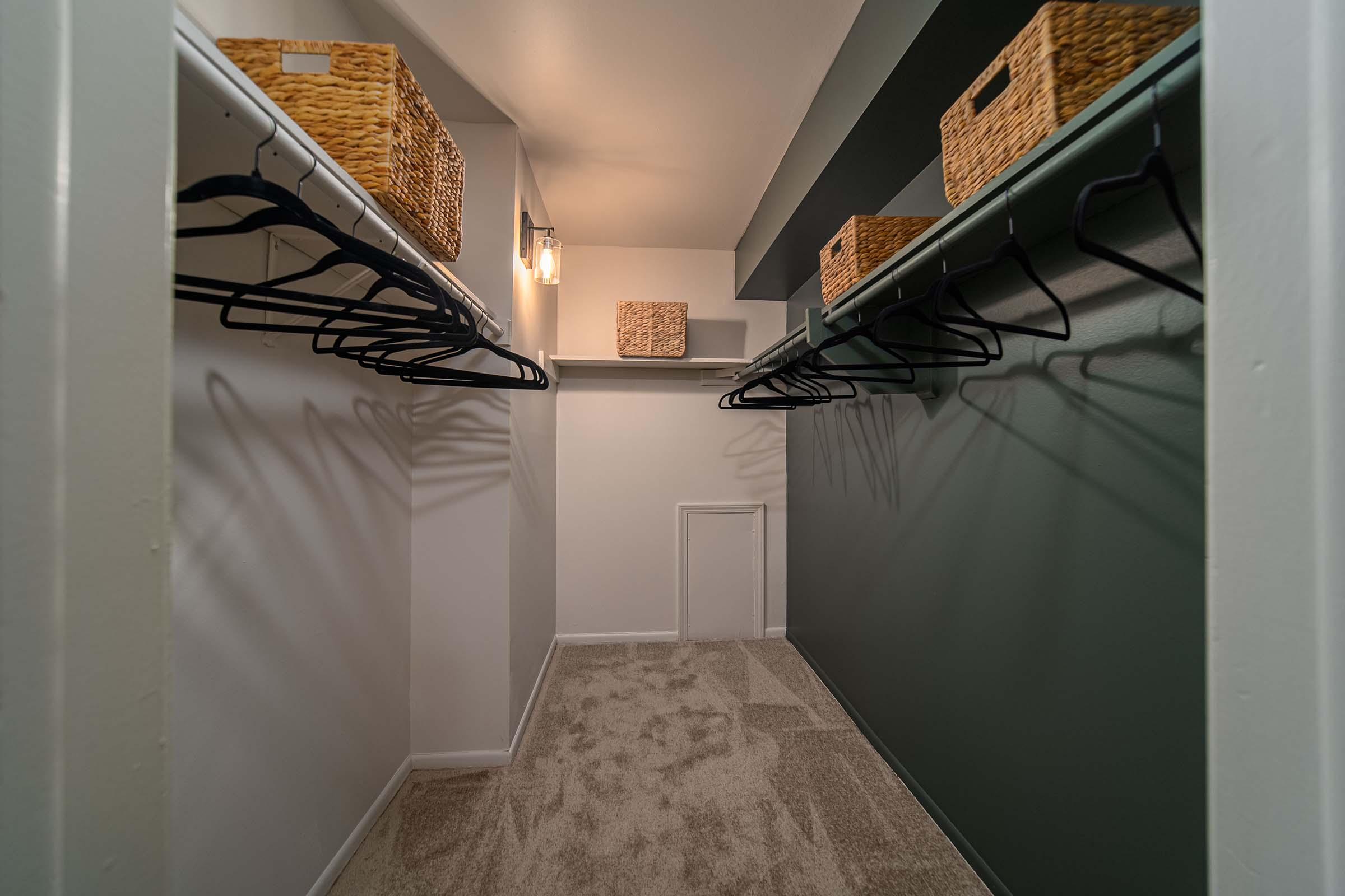 A well-organized walk-in closet featuring empty black hangers, woven storage baskets on shelves, and a carpeted floor. The walls are painted a dark green with one side white, enhancing the modern aesthetic. A ceiling light provides illumination, creating a spacious and tidy appearance.