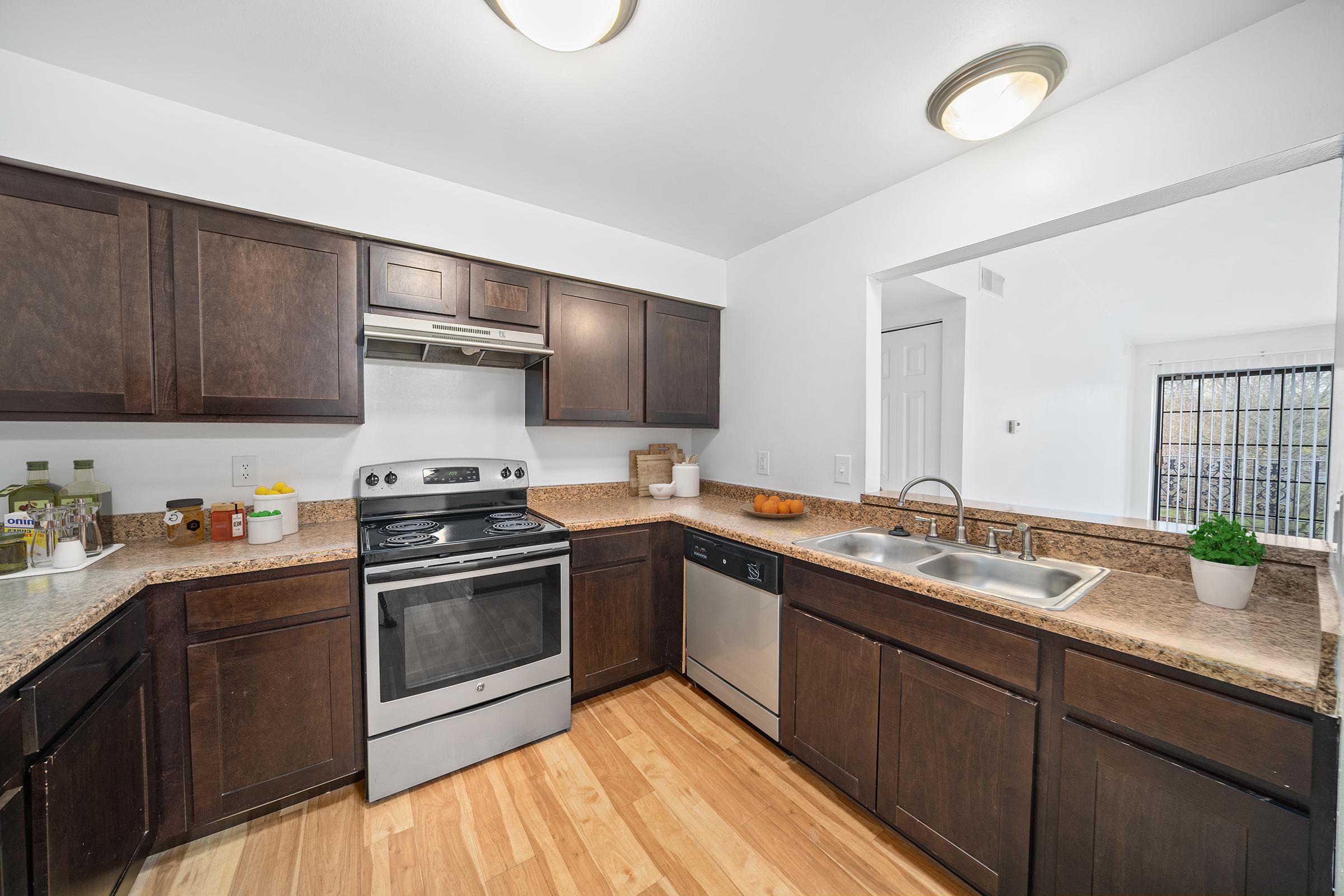 Modern kitchen interior featuring dark wood cabinetry and a contrasting light countertop. Equipped with stainless steel appliances, including an oven, dishwasher, and a double sink. The floor is made of light-colored wood, and there's a small potted plant on the counter, adding a touch of greenery. Natural light enters through a window.