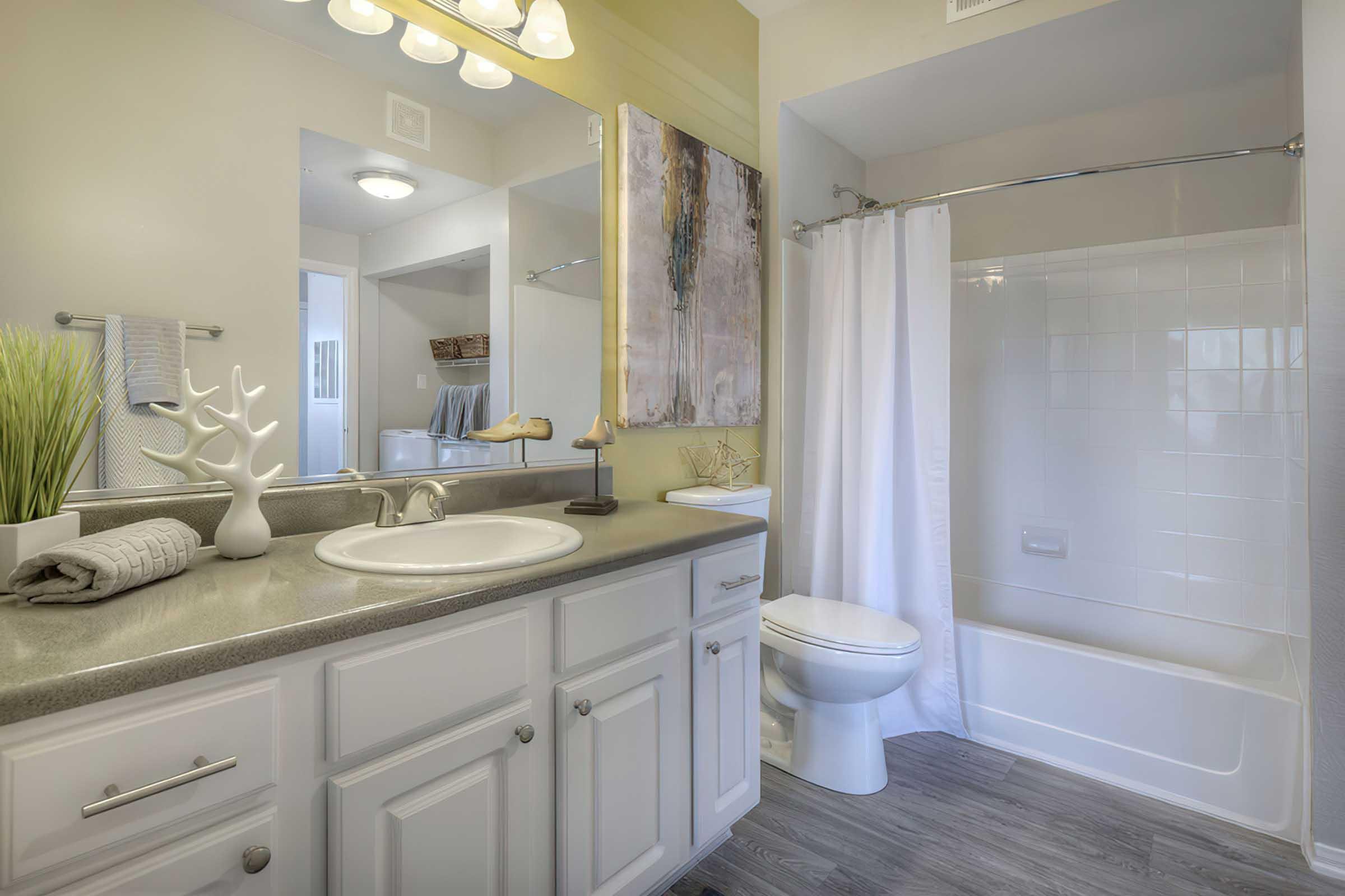 A modern bathroom featuring a white vanity with a sink, a large mirror above, and light-colored walls. There's a shower-tub combo with a white curtain, a toilet, and decorative items like a plant and a coral sculpture on the counter. The flooring is a light wood tone, creating a clean and inviting atmosphere.