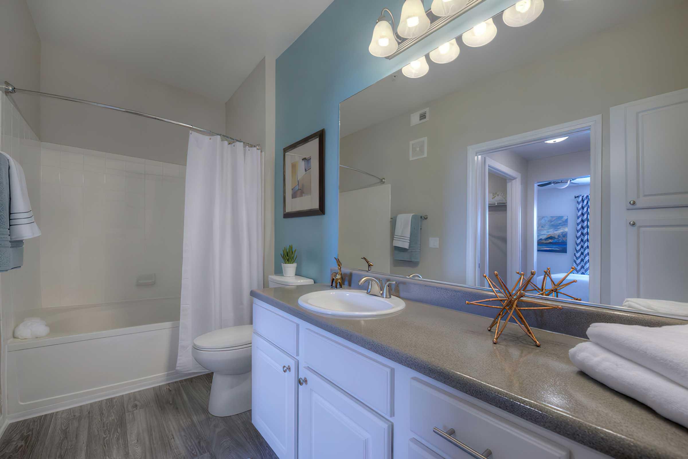 A modern bathroom featuring a shower with a white curtain, a clean countertop with a sink, and a decorative star-shaped accent. The walls are painted a soft blue, and there's a framed picture on the wall. Towels hang neatly, and a plant adds a touch of greenery.