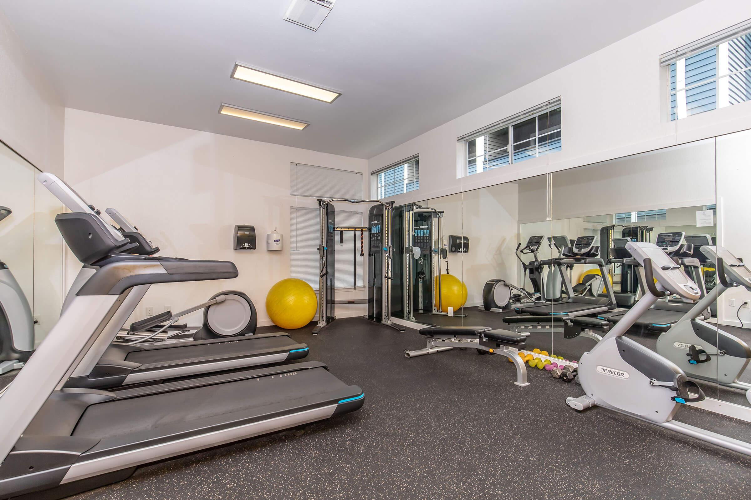 A modern gym space featuring multiple exercise machines including treadmills and a stationary bike. There is a multi-gym station, a large exercise ball, free weights, and floor mats. Floor-to-ceiling mirrors reflect the equipment, and the room is well-lit with overhead lighting.