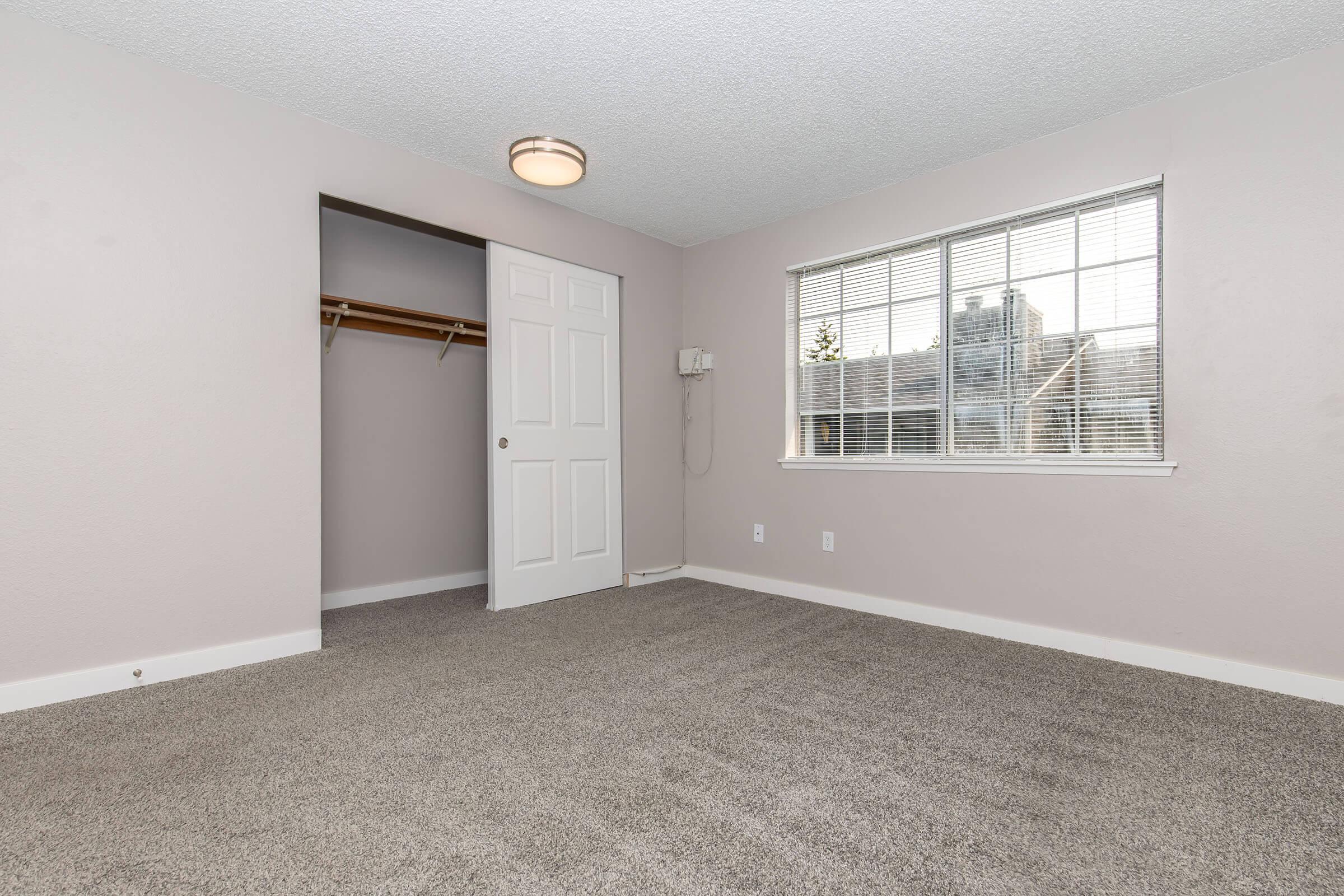 Empty room with light gray walls and carpeted floor. A single window with blinds allows natural light. There's a door leading to a small closet with a wooden shelf. A ceiling light fixture is visible. The space is clean, inviting, and ready for furnishings.