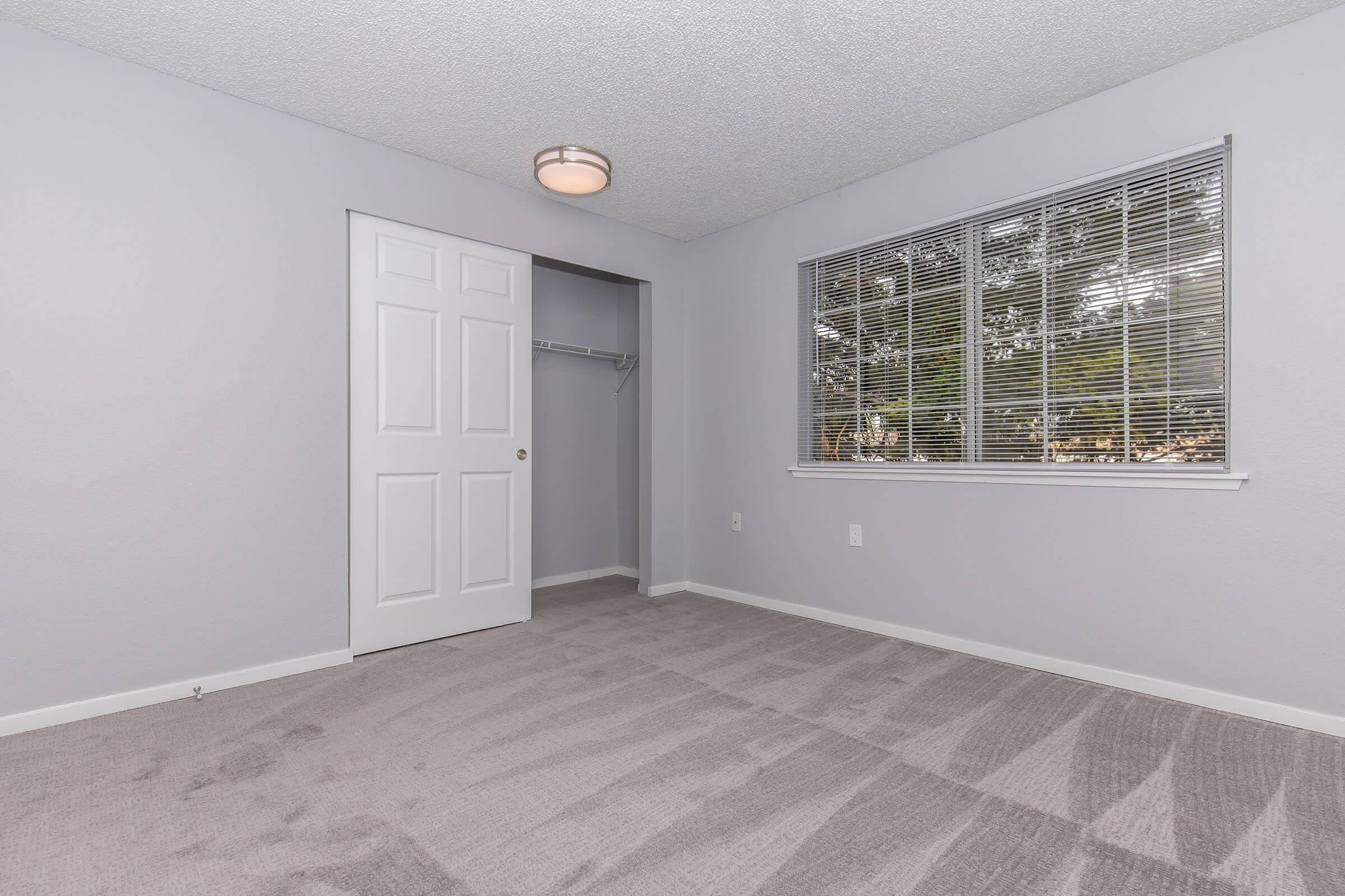 A spacious, empty room with light gray walls and carpet. There's a closet with sliding doors on the left and a window with blinds on the right, allowing natural light to enter. A ceiling light fixture provides illumination, and the overall atmosphere is clean and uncluttered.