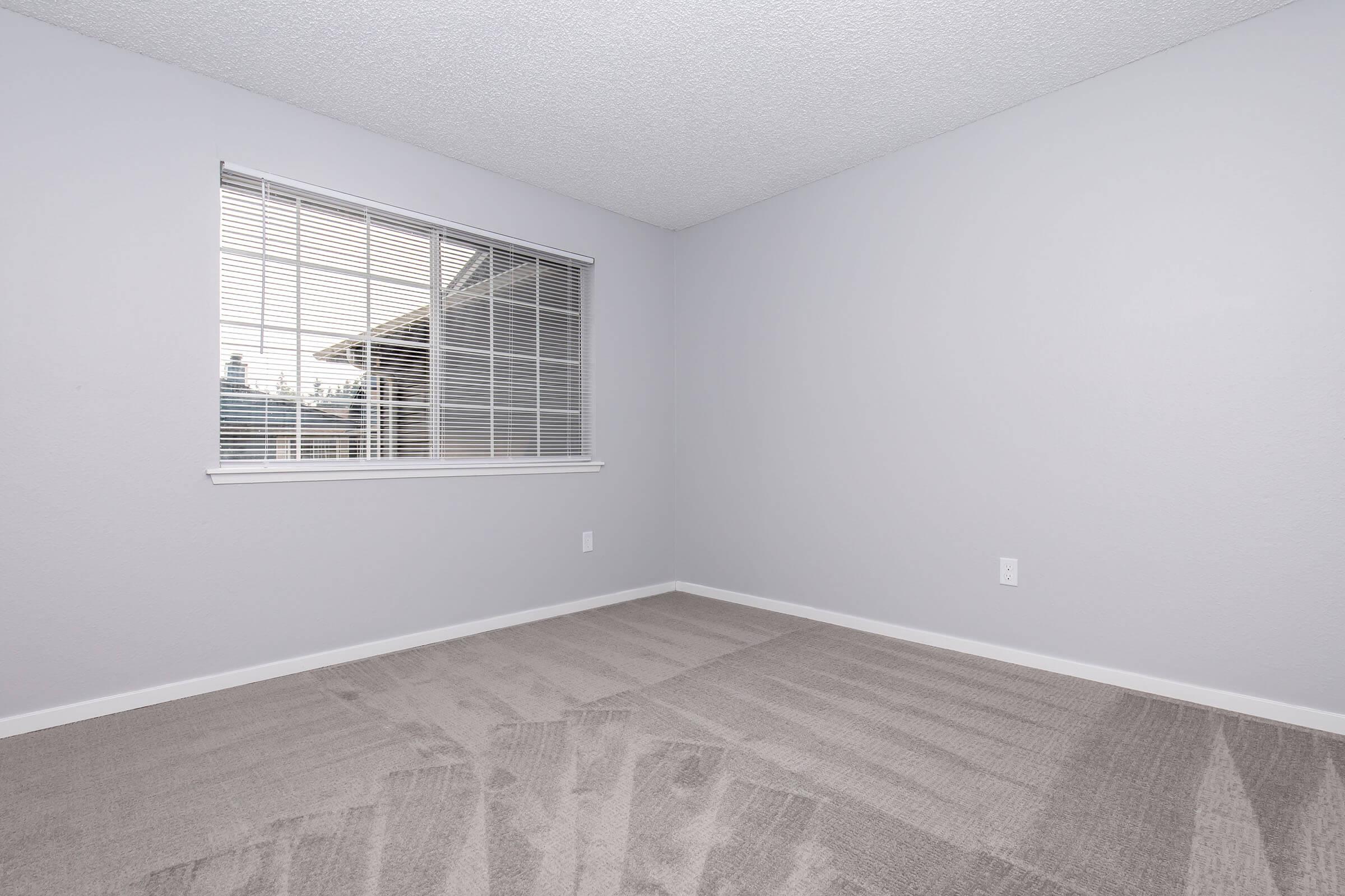A vacant room with light gray walls and carpet. There is a window with blinds providing natural light, and the floor is clean and unoccupied. No furniture or decorations are present, creating a spacious and simple environment.
