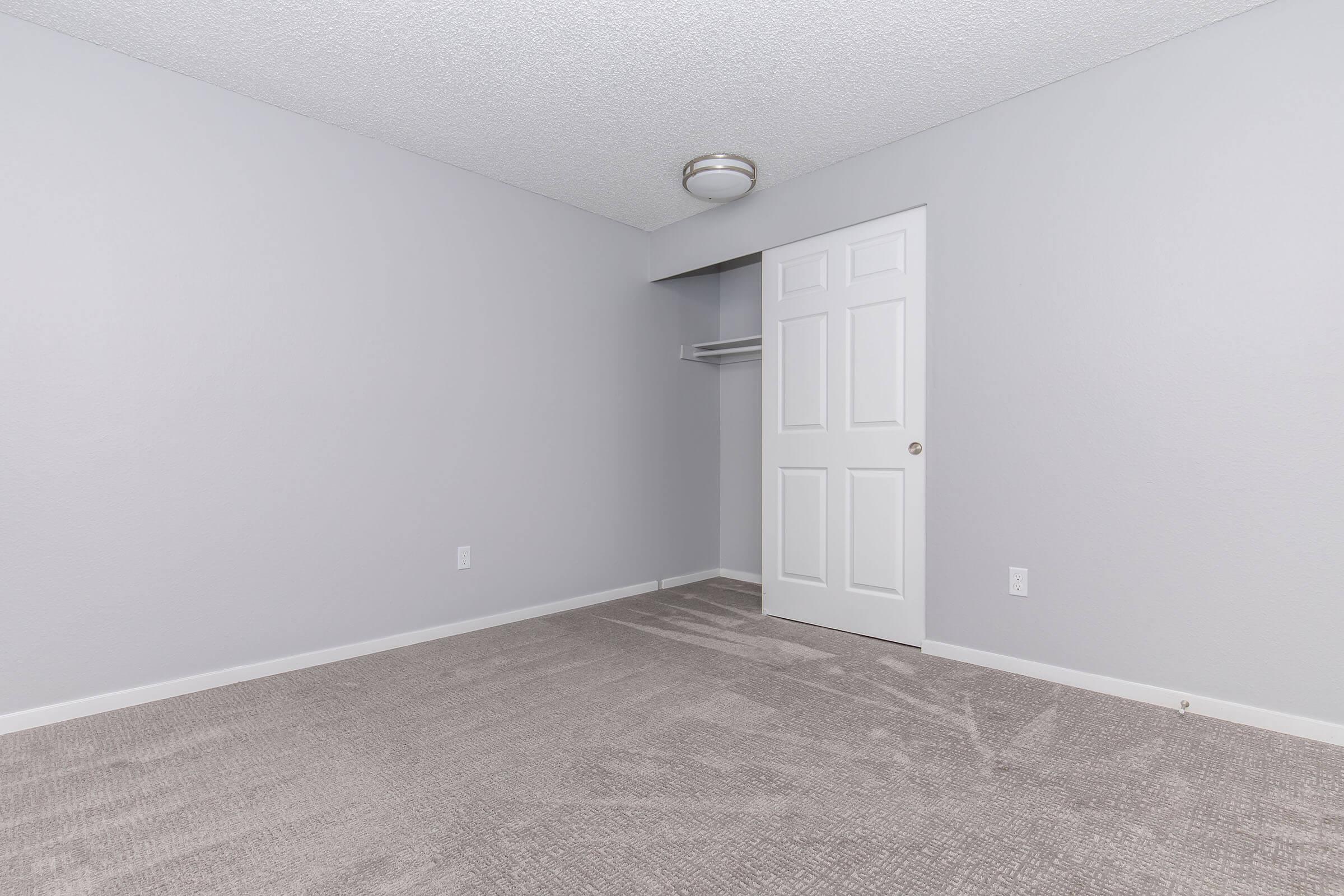 A blank room with grey walls and carpet, featuring a single white door with a doorknob. The door leads to a closet with a hanging rod. There is a flush-mounted ceiling light providing illumination. The room appears empty, suggesting a clean slate for decoration or furniture placement.