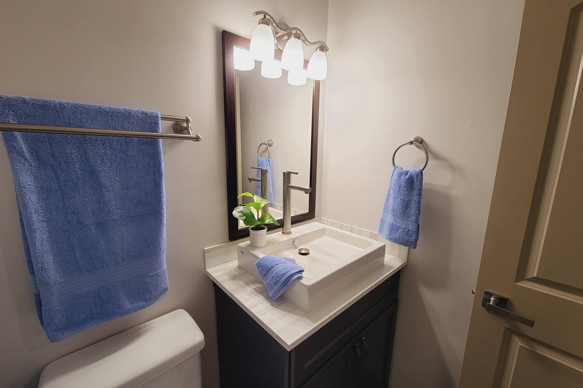 a bathroom with sink and towel bars