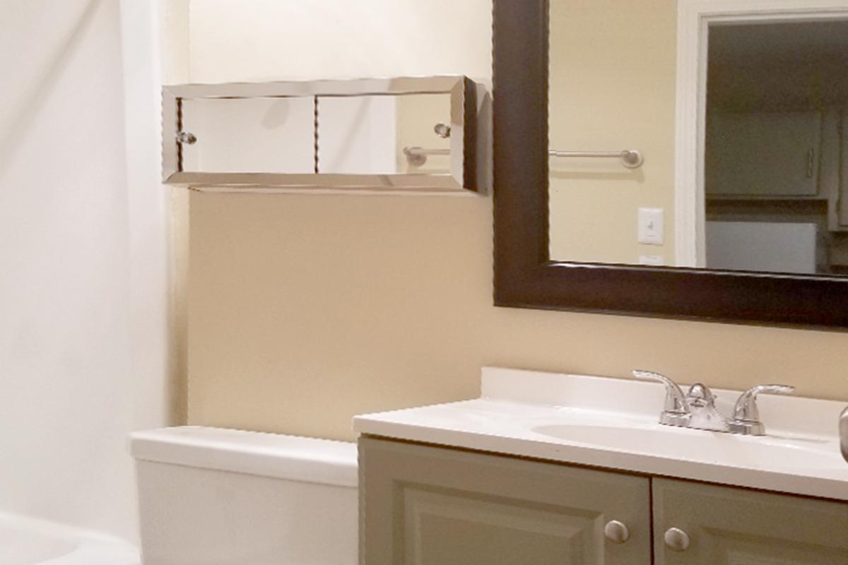 a white sink sitting under a mirror