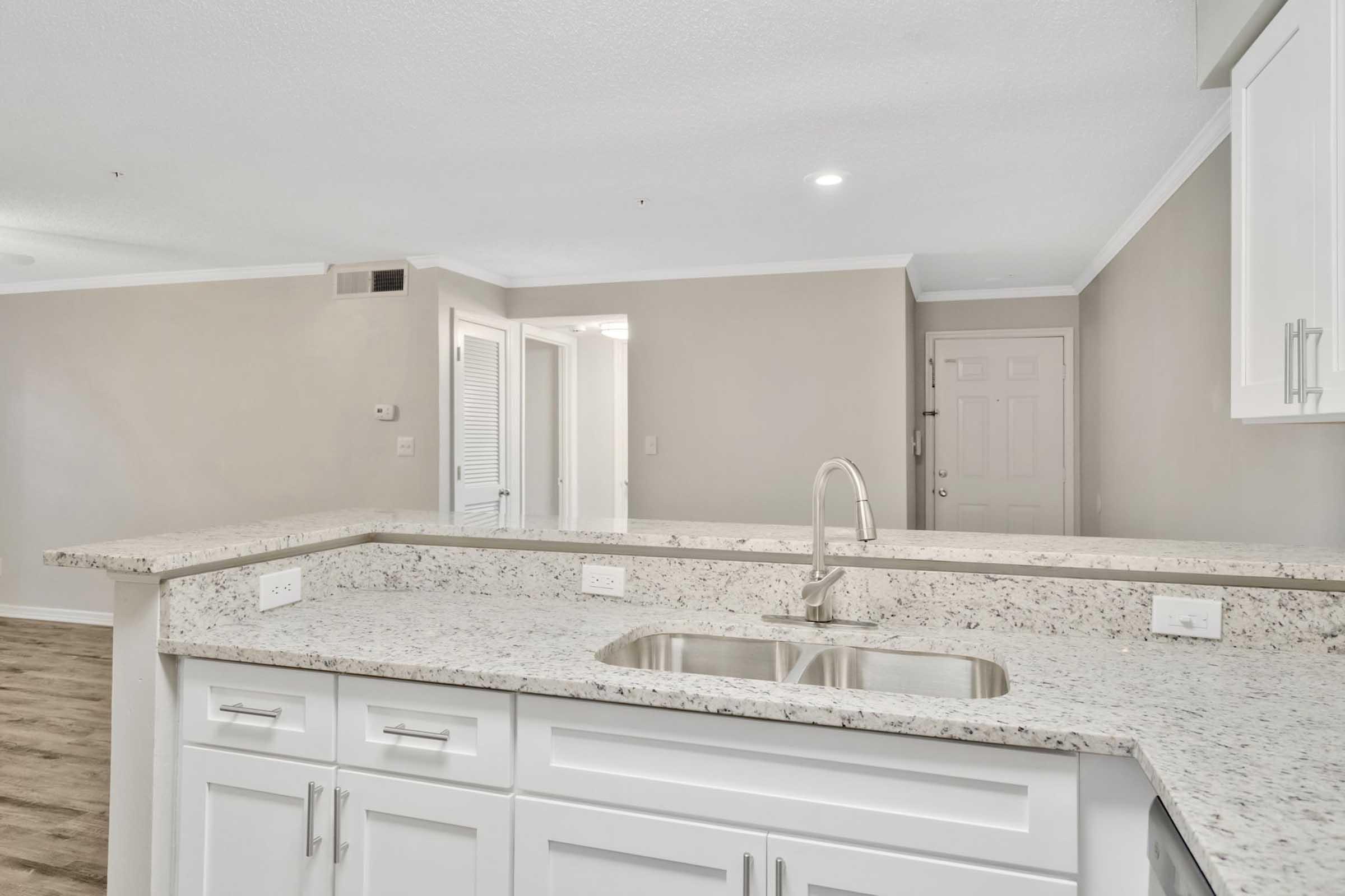 A modern kitchen with a granite countertop featuring a double sink. The kitchen has white cabinets and an open layout leading to a neutral-colored living space. The walls are light, and there is a door in the background, indicating an entryway. Natural light illuminates the area.