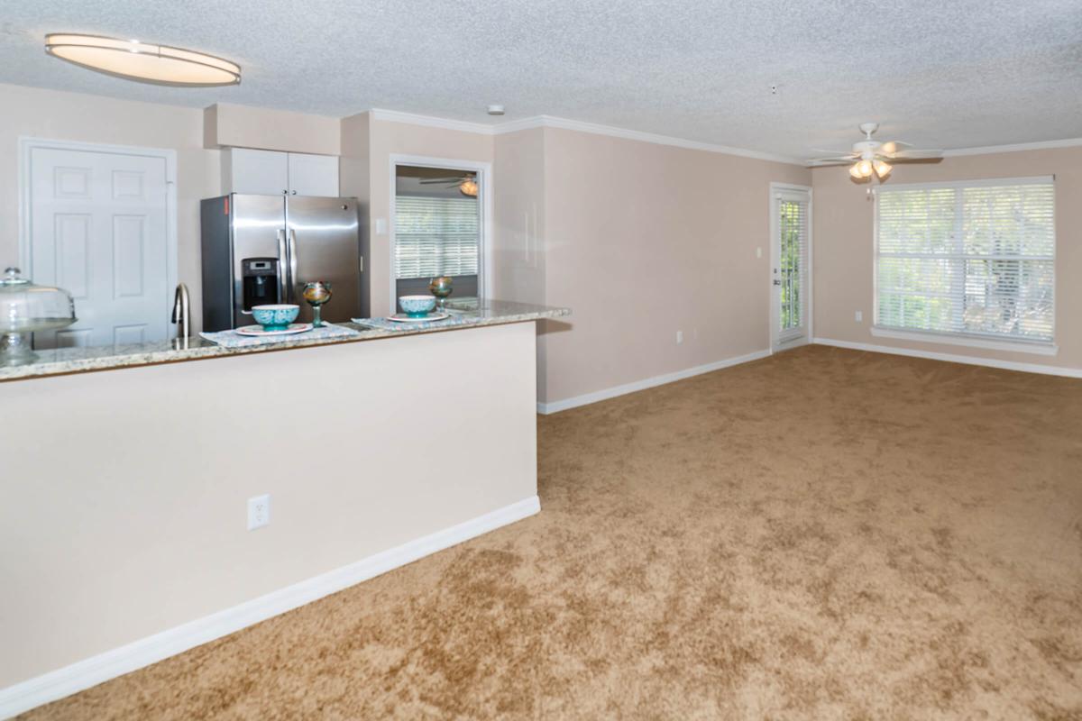 a kitchen with a large window