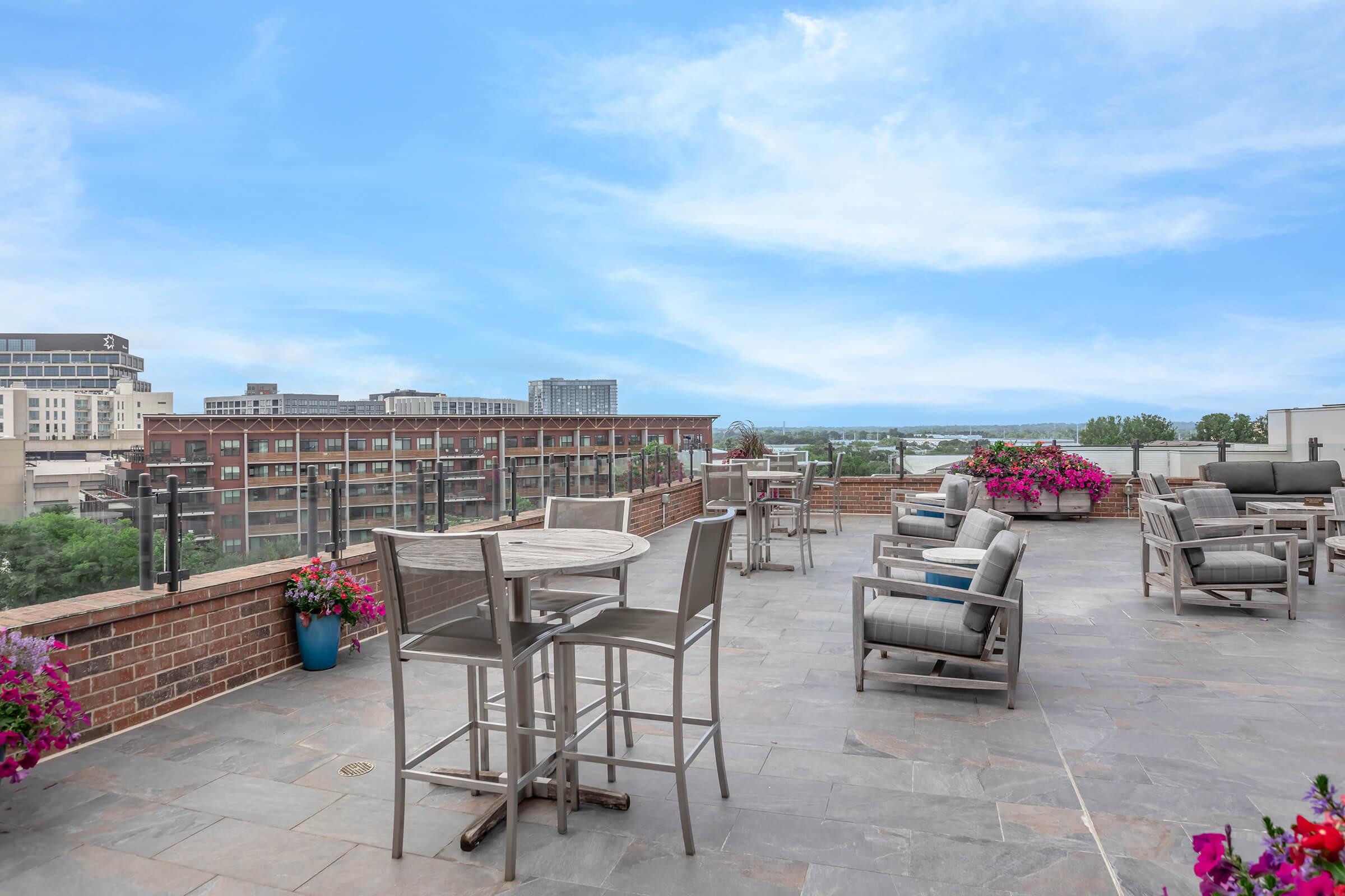 A rooftop patio featuring wooden tables and chairs, surrounded by potted flowers in vibrant colors. The area offers a scenic view of nearby buildings and a body of water under a clear blue sky. The space is designed for relaxation and social gatherings.