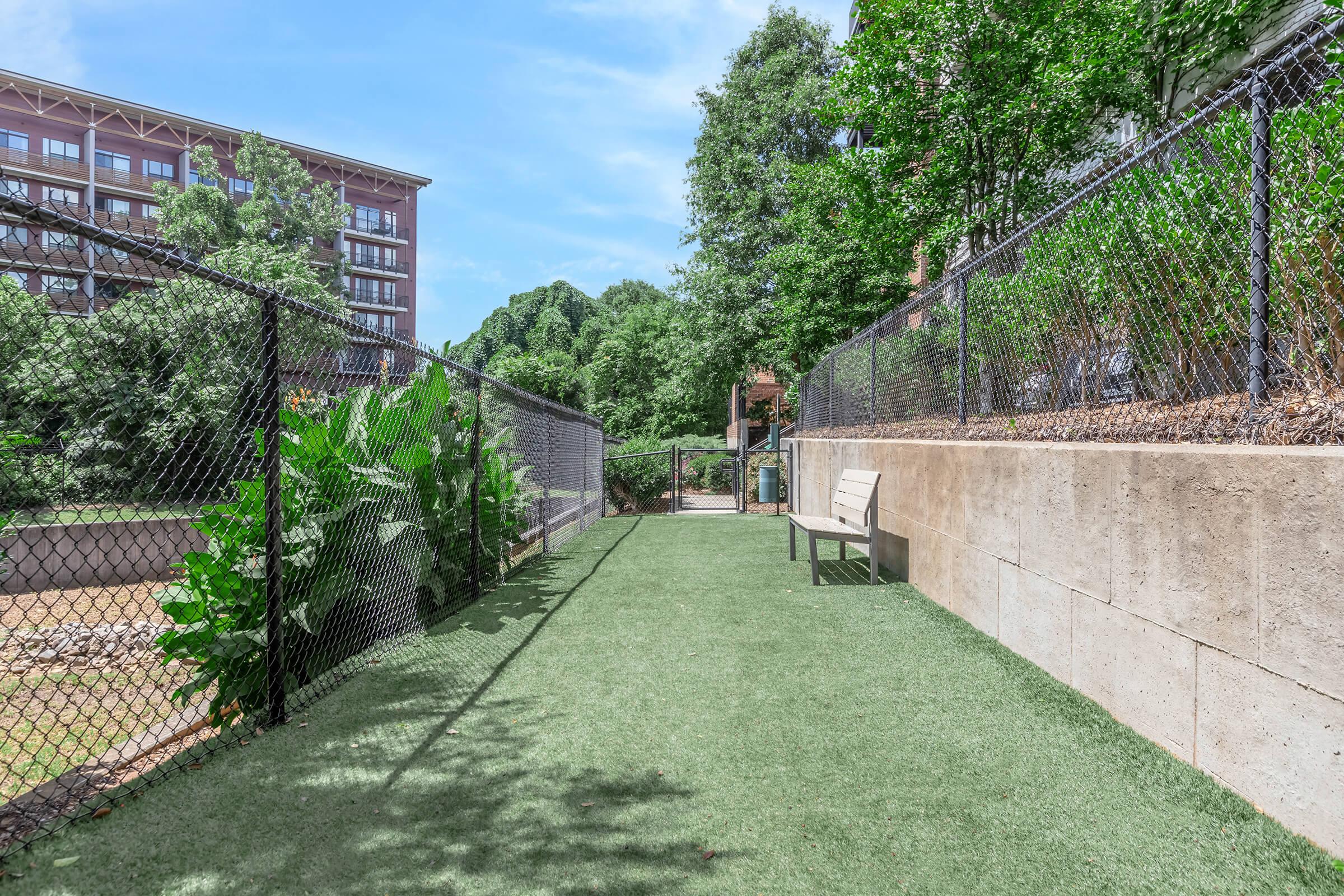 A pathway lined with lush greenery and a low fence, leading to a grassy area. On one side, there is a bench for seating, and in the background, a multi-story building is visible among the trees under a clear blue sky.