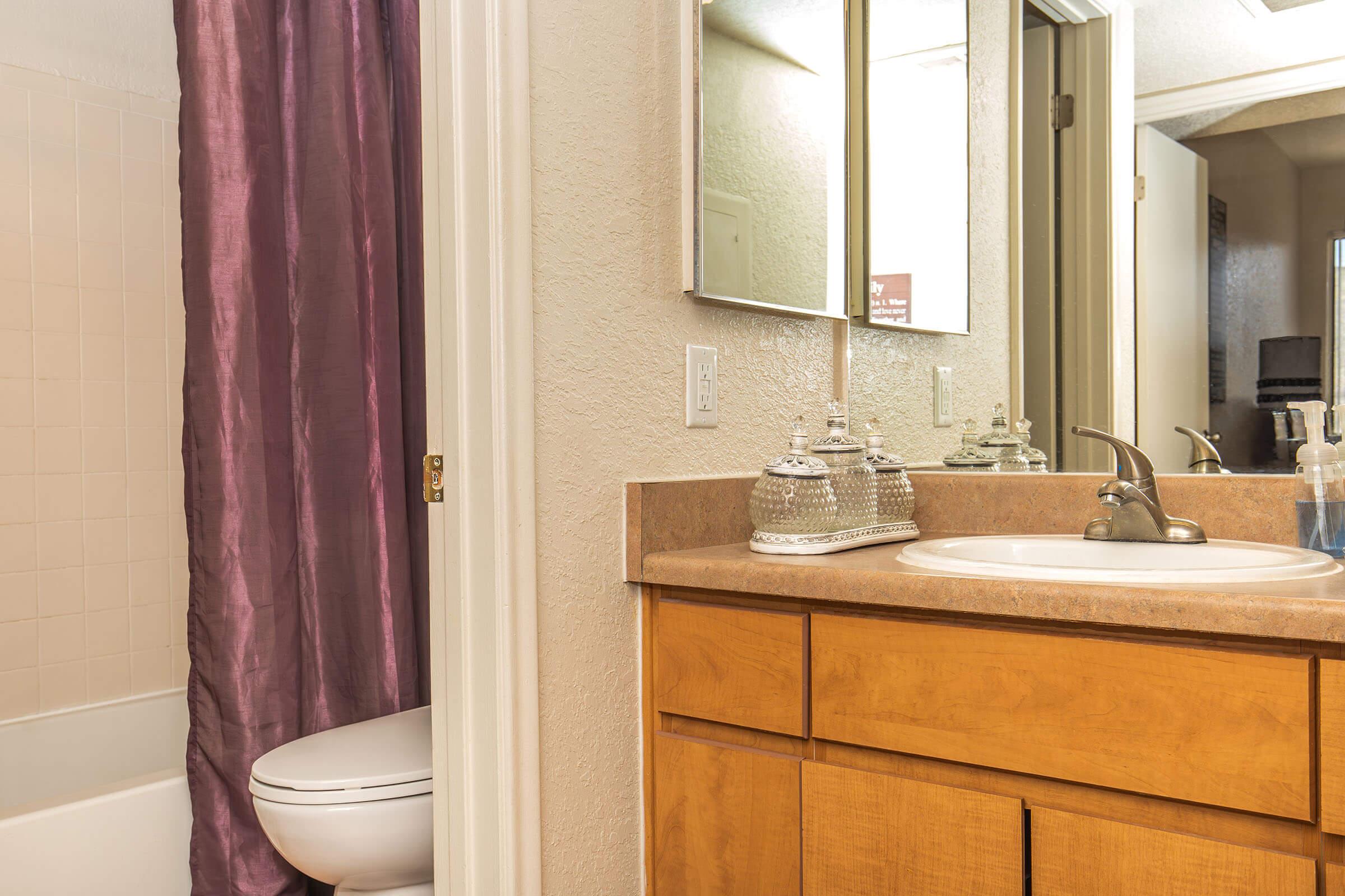 A modern bathroom featuring a light-colored wall with a wooden vanity and sink. There is a mirror above the sink and a purple shower curtain partially obscuring a bathtub. A toilet is visible beside the vanity, with decorative items on the countertop. Natural light brightens the space.