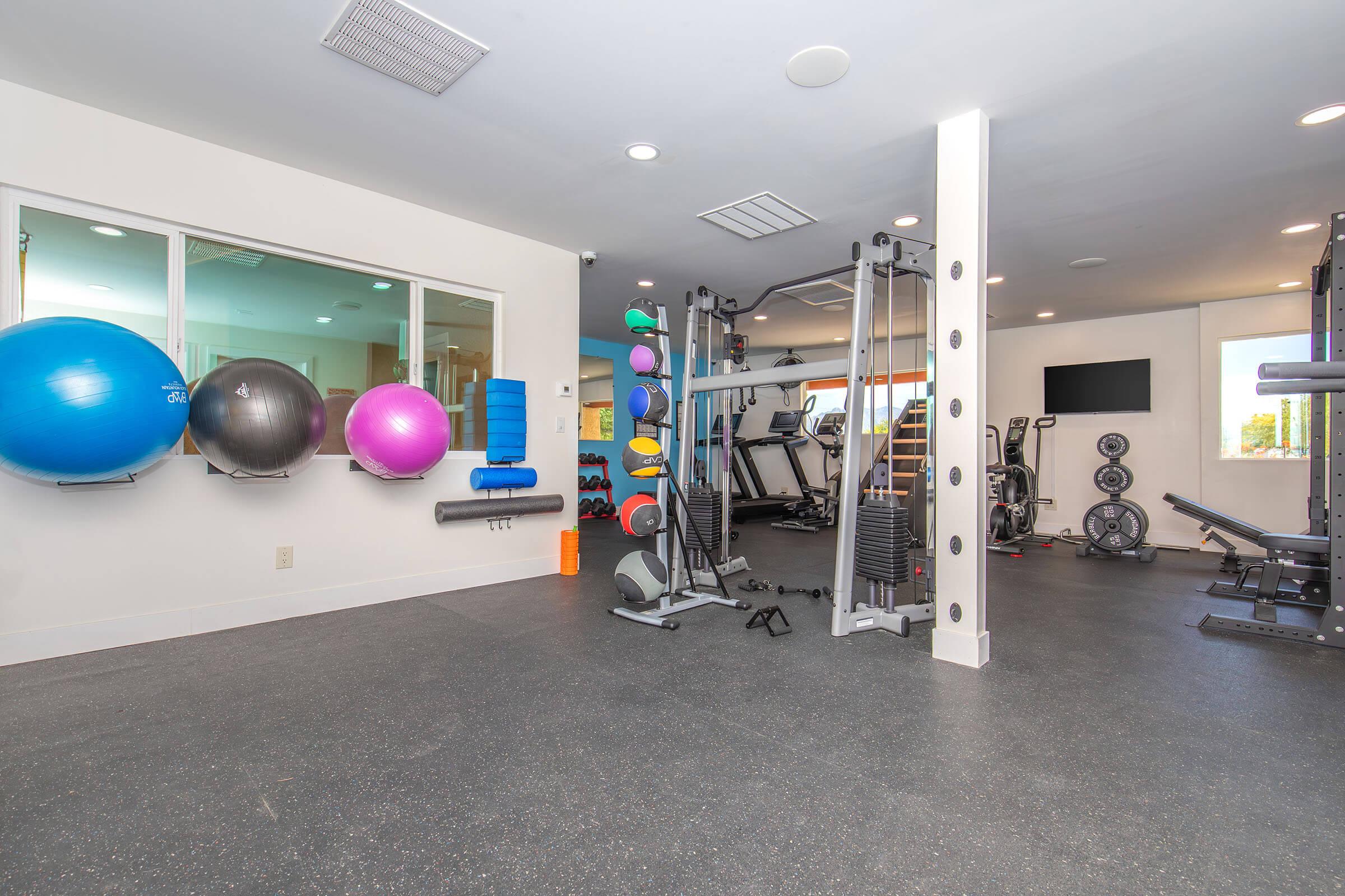 A modern gym interior featuring various exercise equipment, including weight machines and free weights. Brightly colored exercise balls are mounted on a wall, and there is a large window allowing natural light. The space has a clean, minimalist design with rubber flooring for comfort and safety.