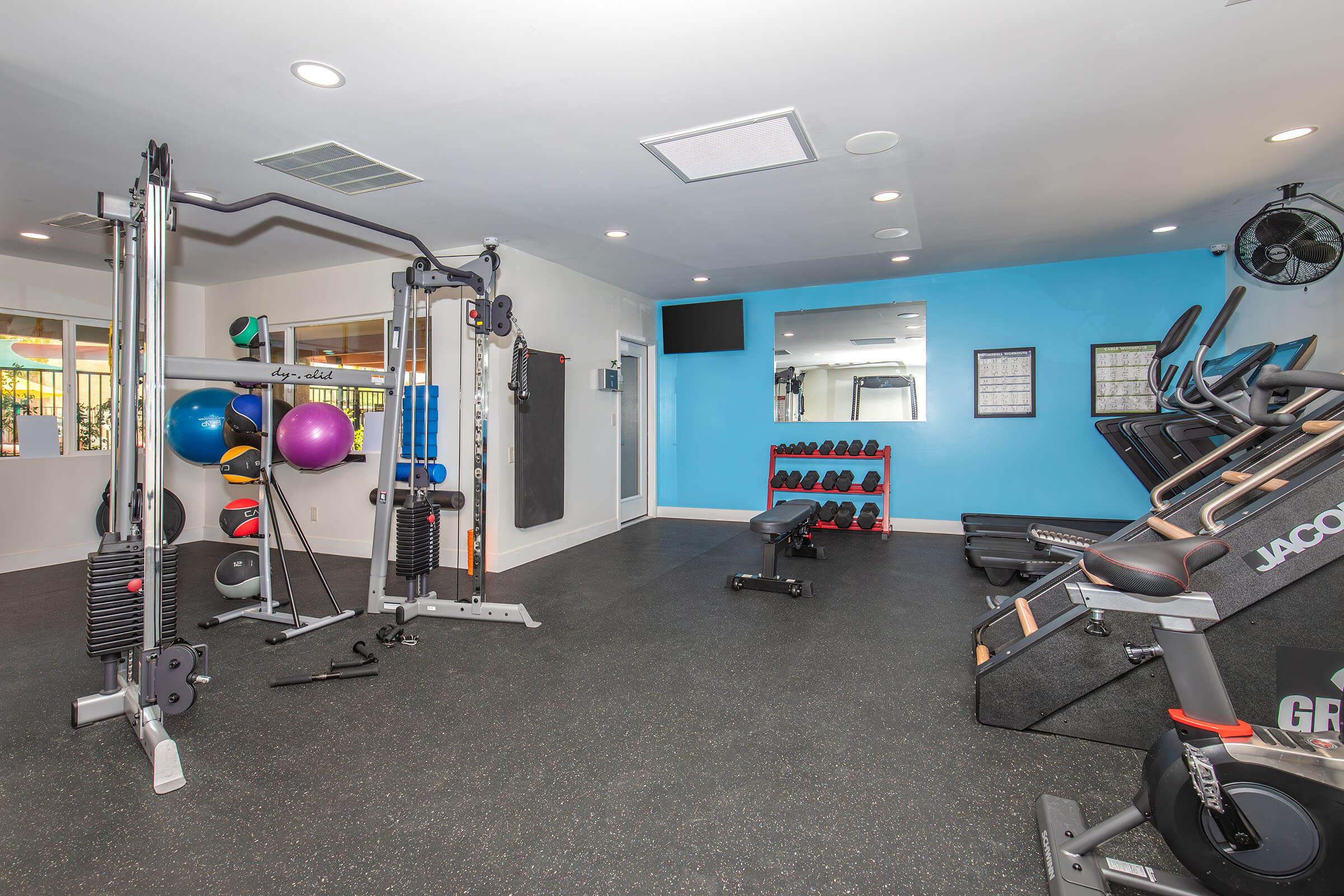 A bright and spacious gym area featuring various fitness equipment. It includes a cable machine, exercise benches, treadmills, a wall-mounted TV, and weights on a rack. Colorful exercise balls are visible in the corner, along with large windows allowing natural light into the space.