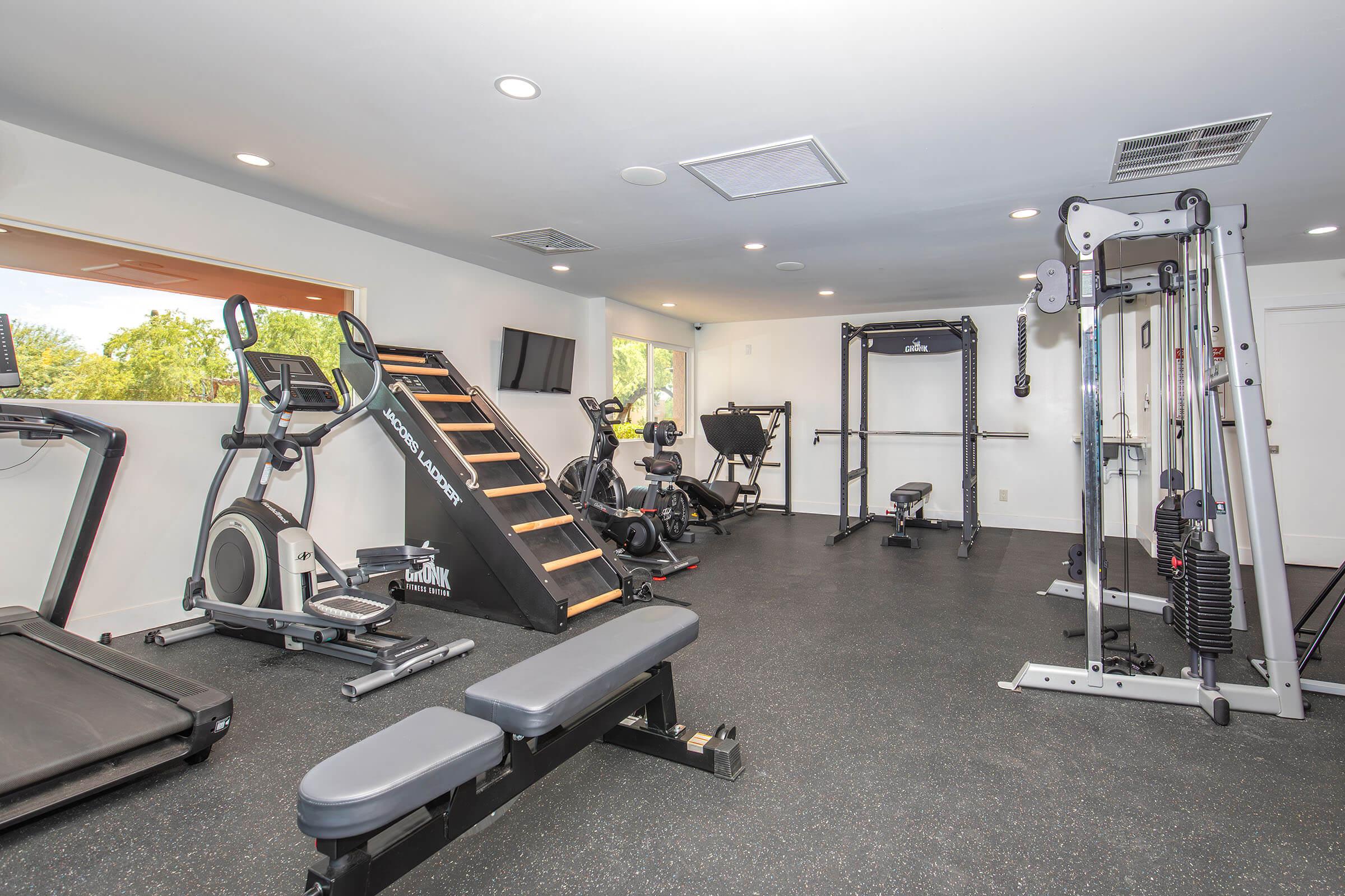 A well-equipped home gym featuring a treadmill, elliptical machine, weight benches, a multi-gym station, and various fitness equipment. The room has large windows allowing natural light, with a modern design and rubber flooring for safety.