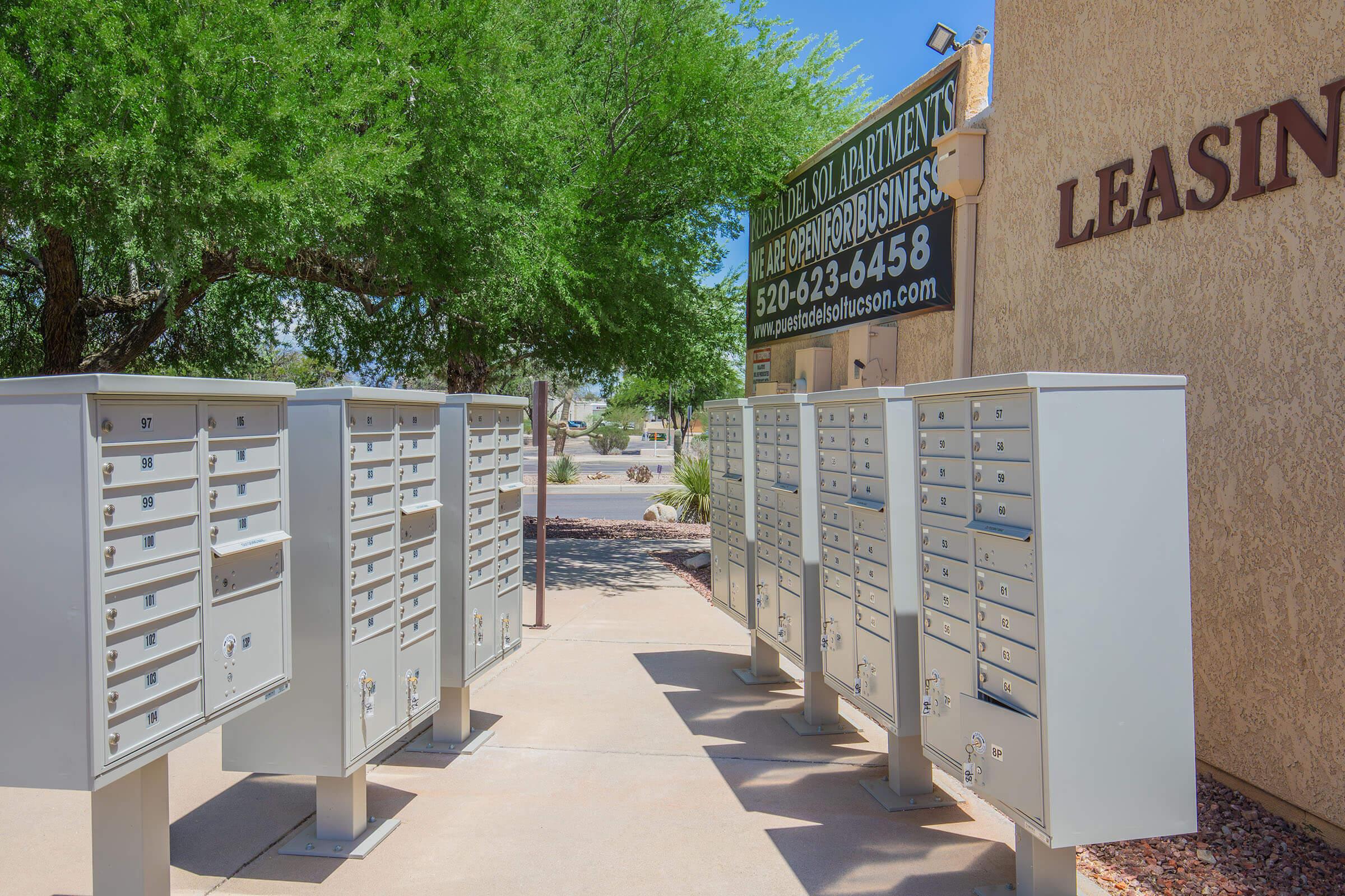 Row of gray mailboxes in front of a leasing office under bright sunlight, surrounded by green trees and landscaping. A sign for an apartment complex is visible in the background, featuring contact information.
