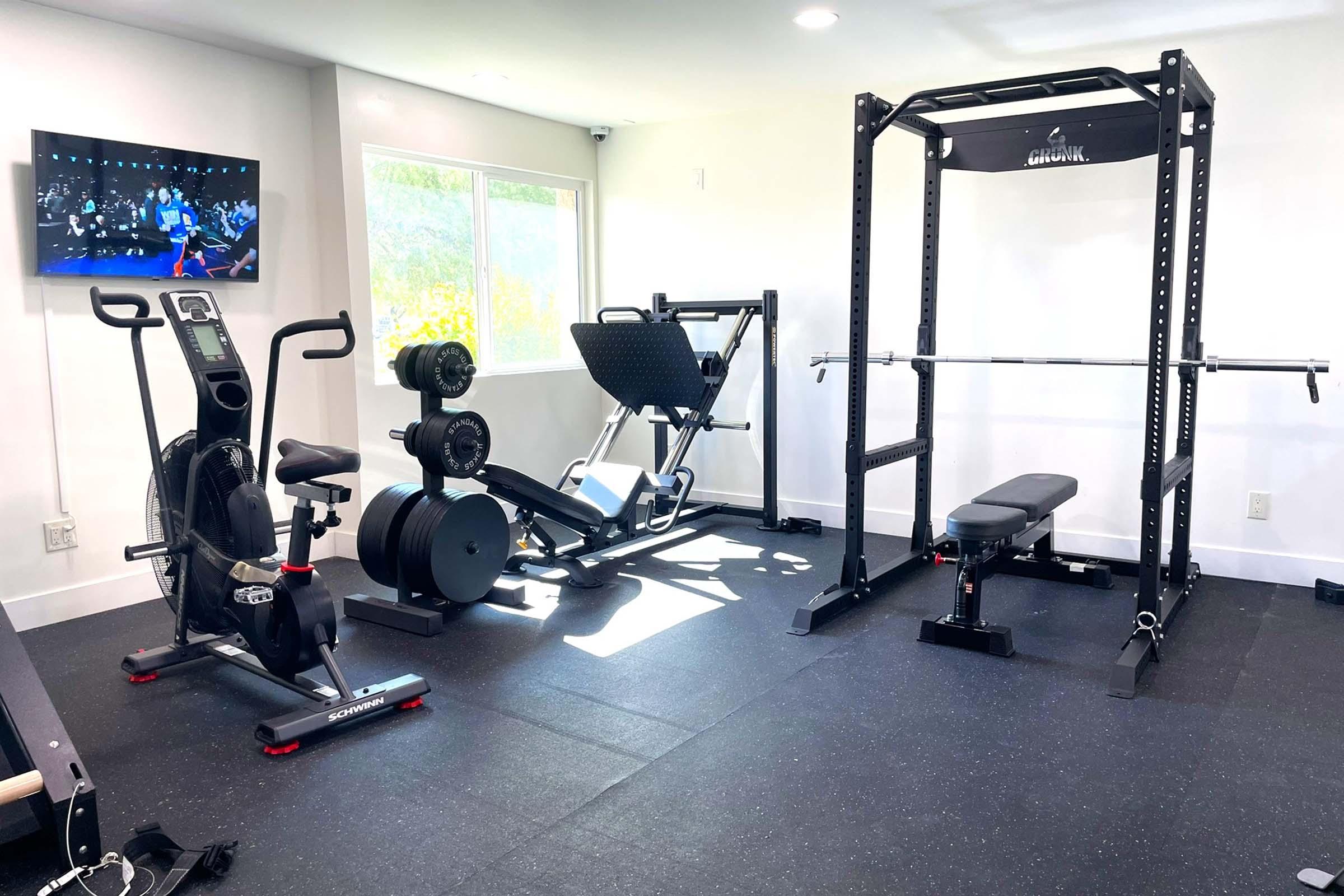 A modern home gym featuring an exercise bike, a rowing machine, free weights, a weight bench, and a squat rack. A large TV mounted on the wall displays a workout program. The space is brightly lit with natural light coming from a window, and the flooring is made of black rubber matting.