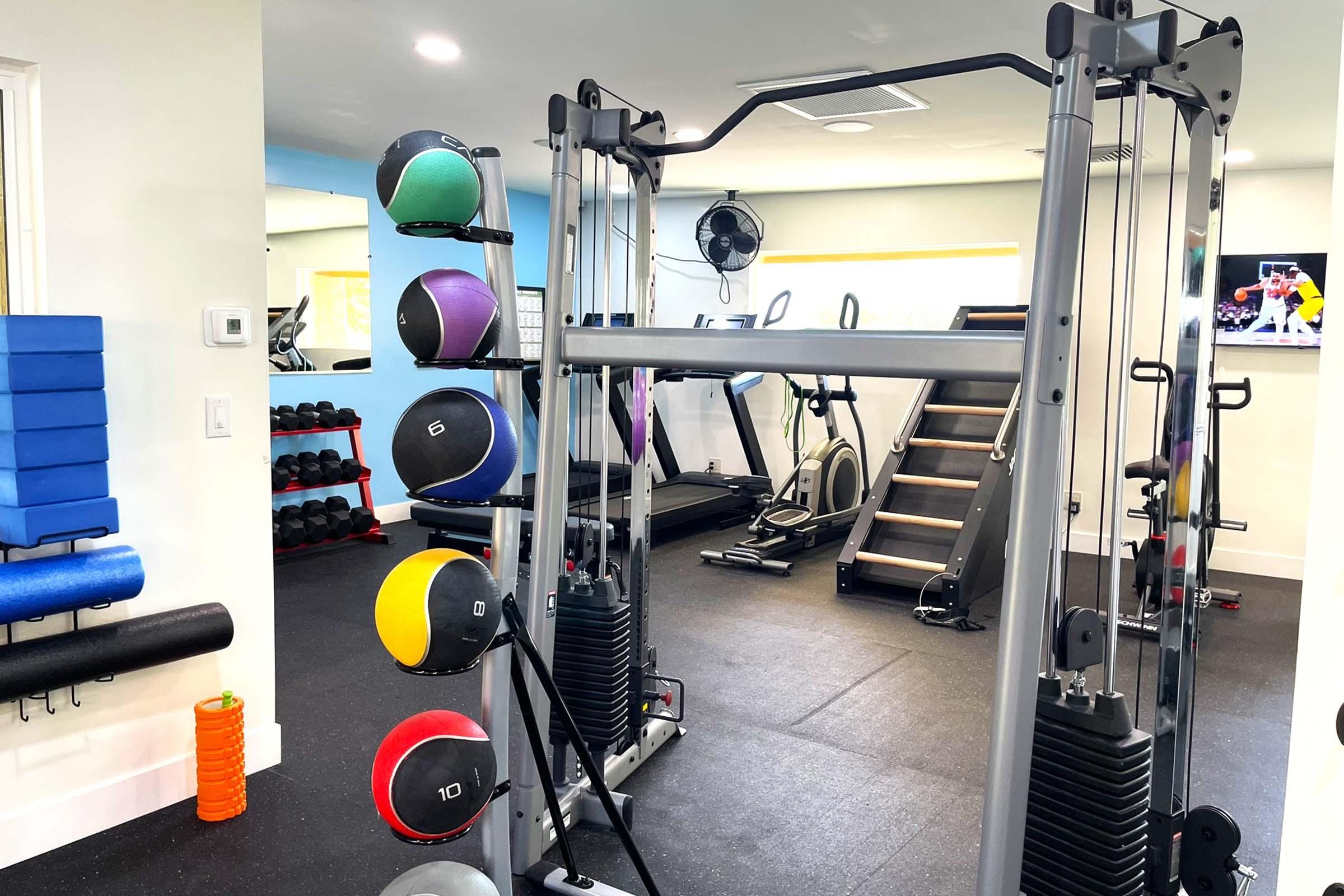 A well-equipped home gym featuring a multi-station weight machine with colorful weight balls, cardio machines, and free weights. The space is brightly lit, with exercise mats and a large mirror on the wall, creating an inviting environment for workouts.
