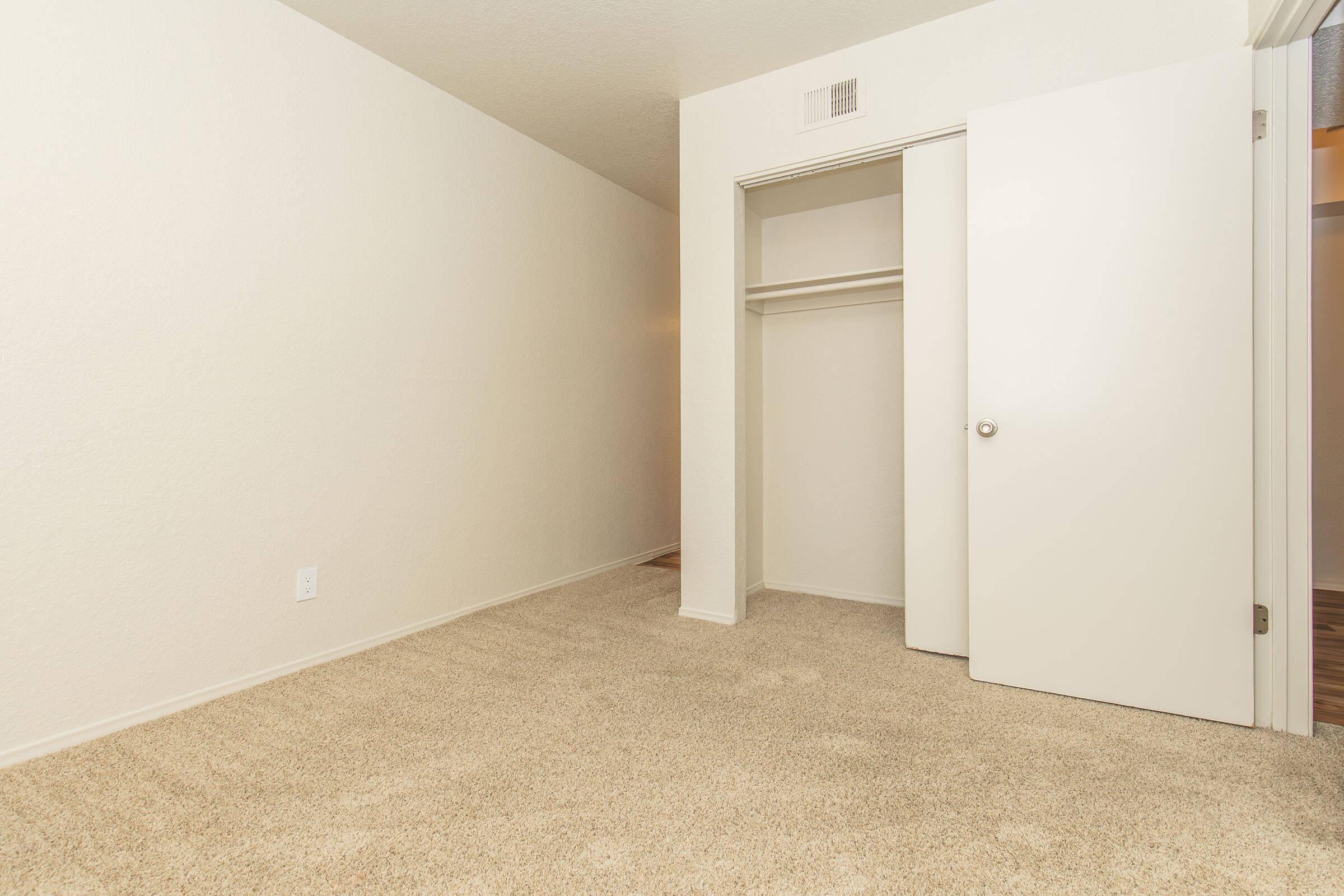 Empty room with beige carpet and white walls, featuring a closet with an open white door. The room has no furniture, creating a spacious and minimalist appearance. Natural light is present, enhancing the brightness of the space.