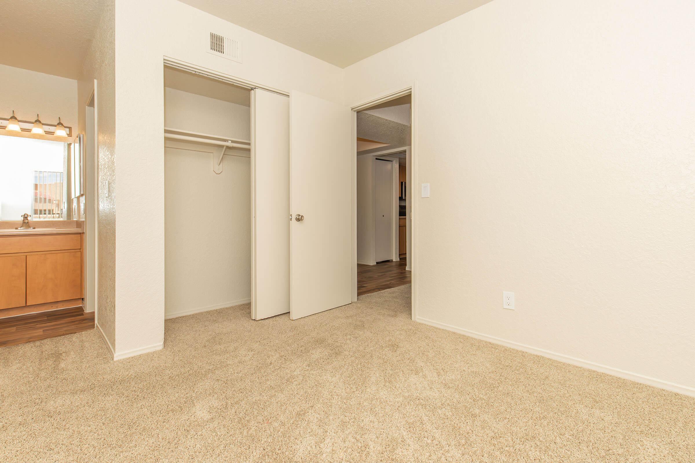 A spacious, empty room with beige carpet flooring, featuring open doors leading to a closet and another room. Soft lighting from an adjacent bathroom with a vanity sink and mirror can be seen. The walls are painted a light color, contributing to a bright and airy atmosphere.