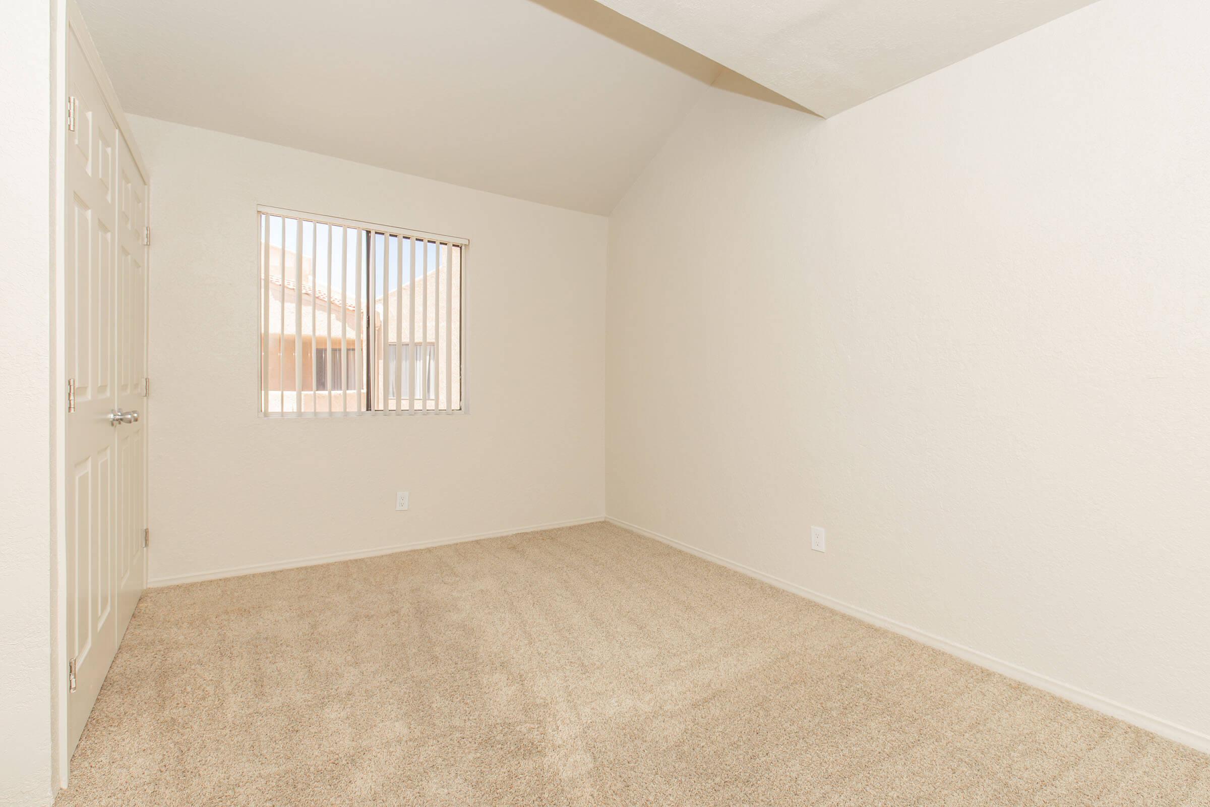 Spacious, empty room with light beige carpet and neutral colored walls. A single window with vertical blinds allows natural light to enter. The room features a closed door on the left side. The ceiling is slightly sloped, adding a unique architectural detail. Ideal for various uses, such as a bedroom or office.