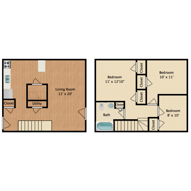 Floor plan image of 3 Bed 1 Bath Townhouse