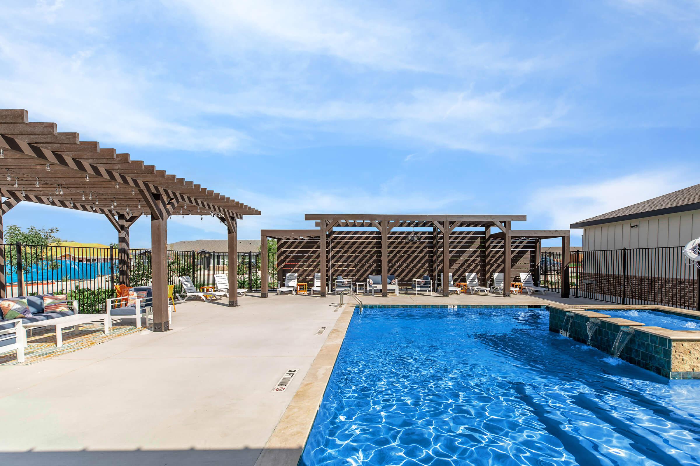 a pool next to a building