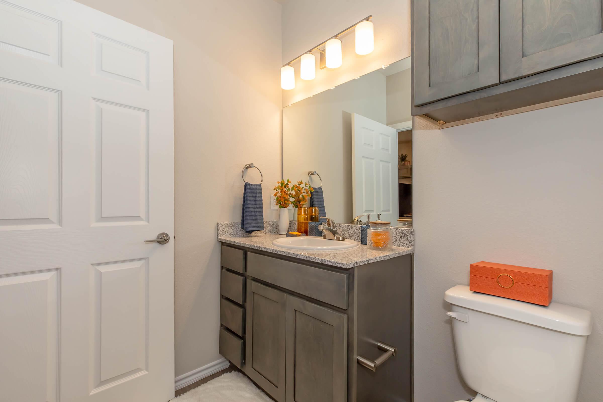 A modern bathroom featuring a gray vanity with a sink, a large mirror, and stylish light fixtures. A white toilet is positioned nearby, and decorative items, including a small orange box and flowers, add a touch of warmth. The walls are painted light gray, creating a bright and airy atmosphere.