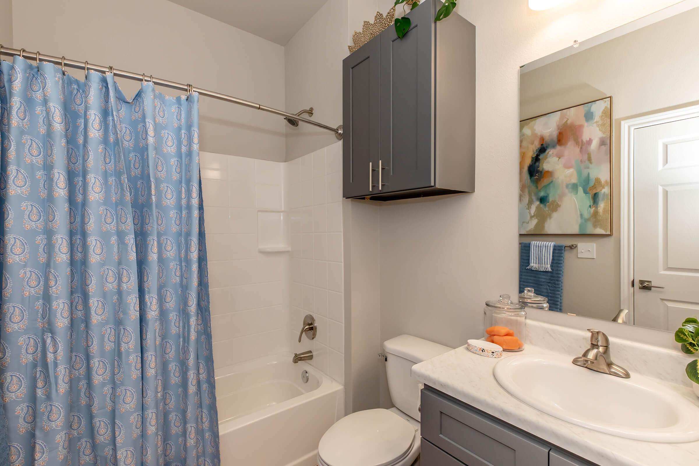 A modern bathroom featuring a light blue paisley shower curtain, a white bathtub, and a stylish gray vanity with a marble countertop. The mirror reflects a piece of abstract wall art. There are neatly arranged toiletries and a small plant on the counter, creating a fresh and inviting atmosphere.