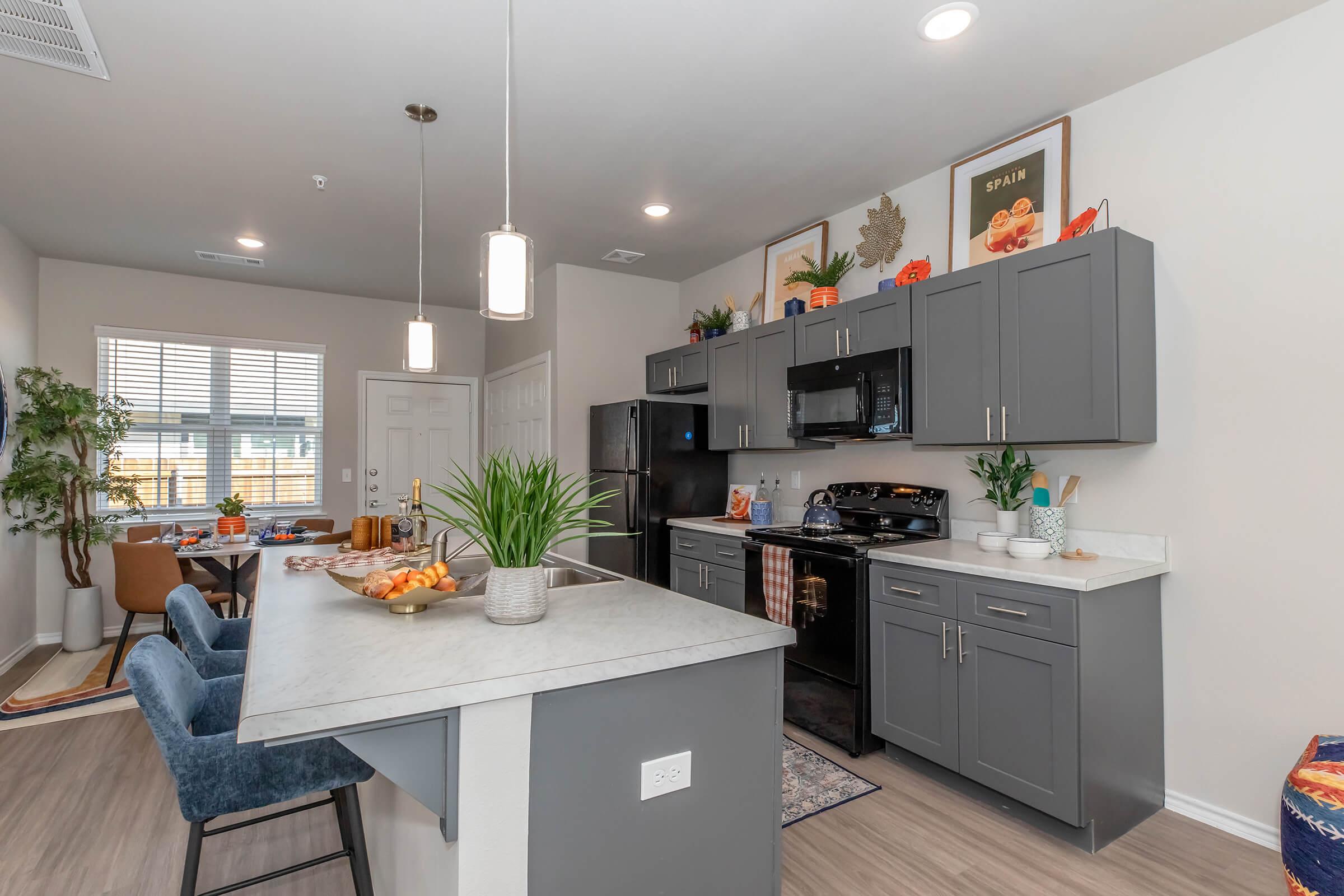 Modern kitchen and dining area with gray cabinets, a central island, and black appliances. A table with chairs is visible in the background, surrounded by plants and decorative items. Natural light streams through a window, creating a warm and inviting atmosphere.