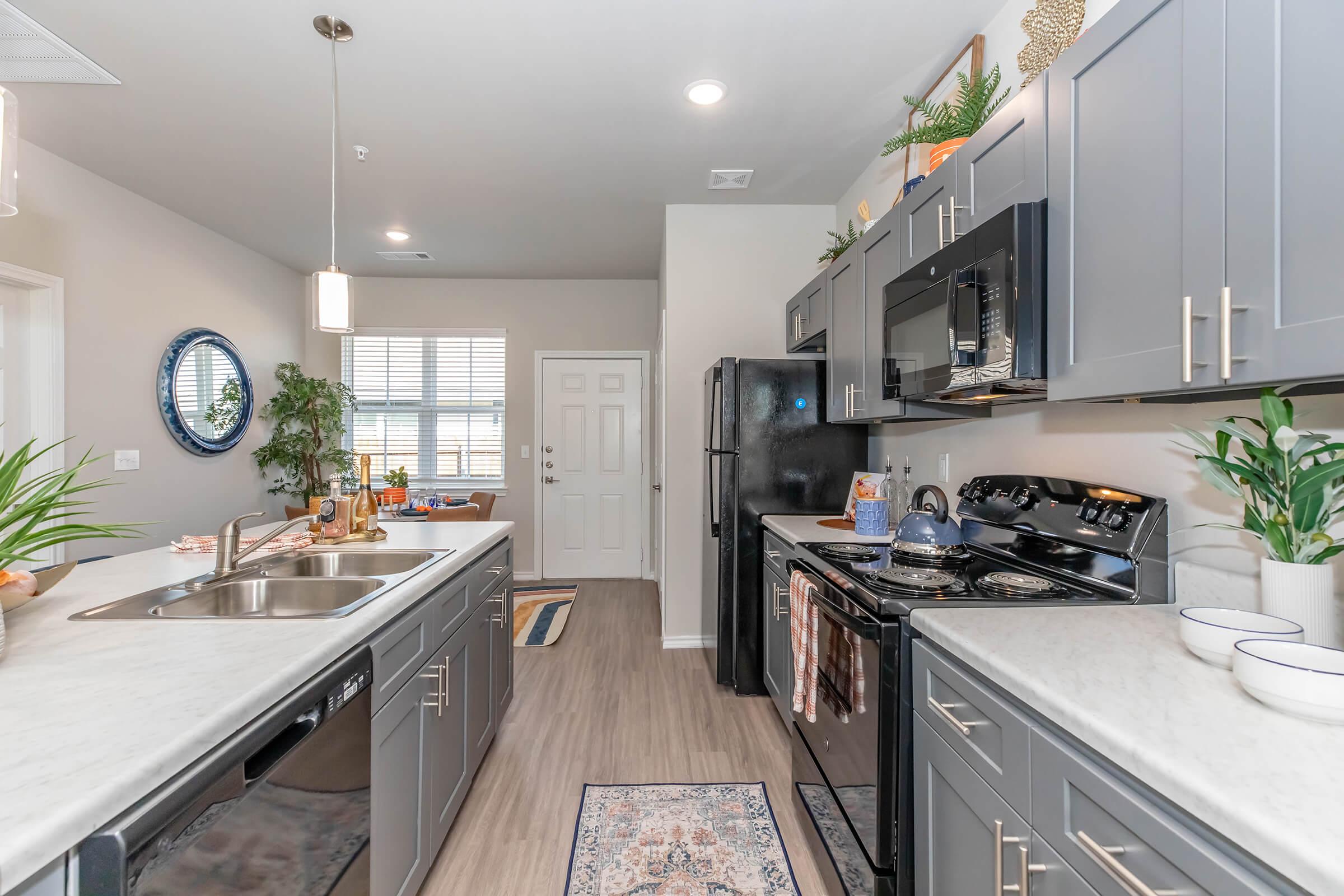 Modern kitchen featuring gray cabinets, stainless steel appliances, and a marble countertop. The space includes a double sink, a black refrigerator, and a stove, with decorative plants and a colorful rug enhancing the aesthetic. Bright natural light filters through a window, creating a welcoming atmosphere.