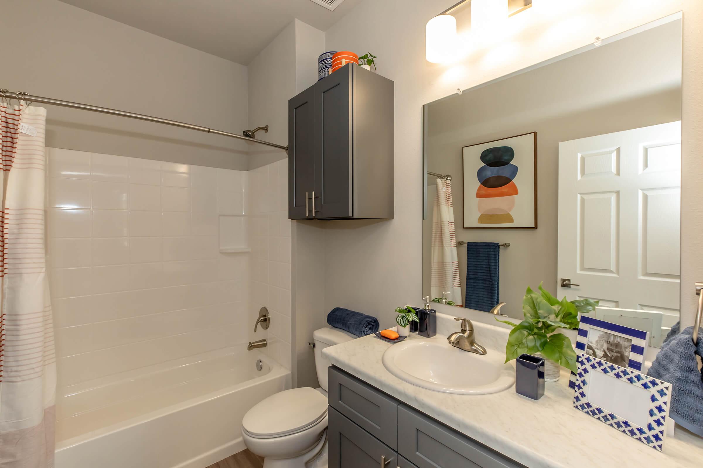 A modern bathroom featuring a shower/tub combo with a white curtain, a vanity with a marble countertop, and a large mirror. The decor includes potted plants, decorative items, and a framed art piece on the wall, with gray cabinetry and neutral-toned walls.