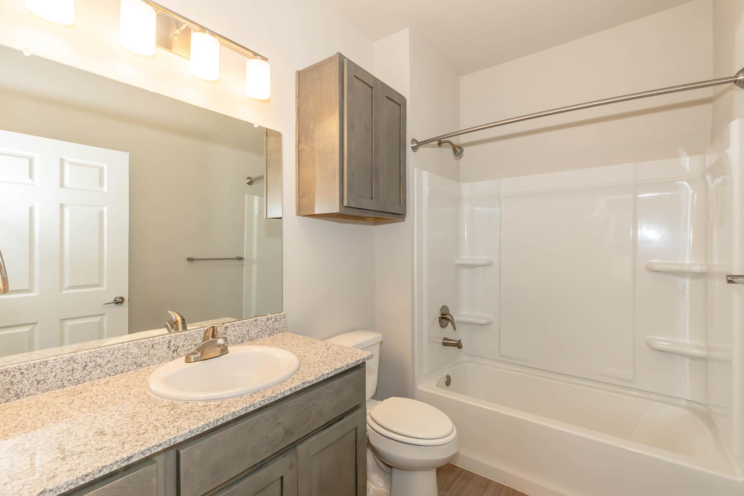 A clean and modern bathroom featuring a bathtub with a shower, a wall-mounted mirror, and a sink with a granite countertop. There are light fixtures above the mirror, and a cabinet is mounted on the wall. The walls are painted white, and the flooring is a light wood-like material.