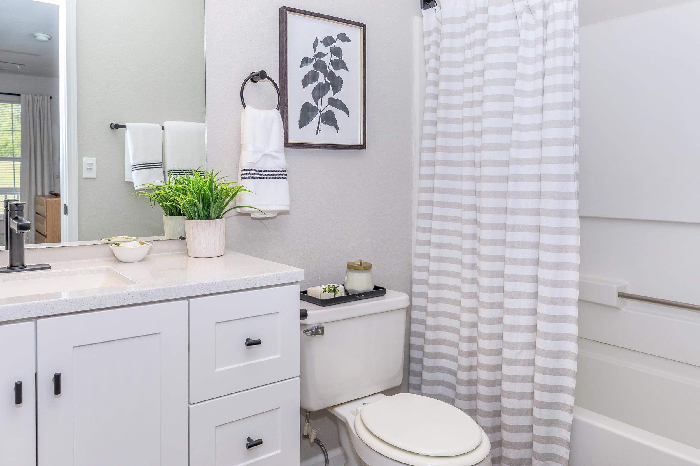 A modern bathroom featuring a white vanity with black hardware, a small potted plant on the counter, a shower curtain with gray stripes, and a framed botanical print on the wall. The space is well-lit and has a clean, minimalist aesthetic.