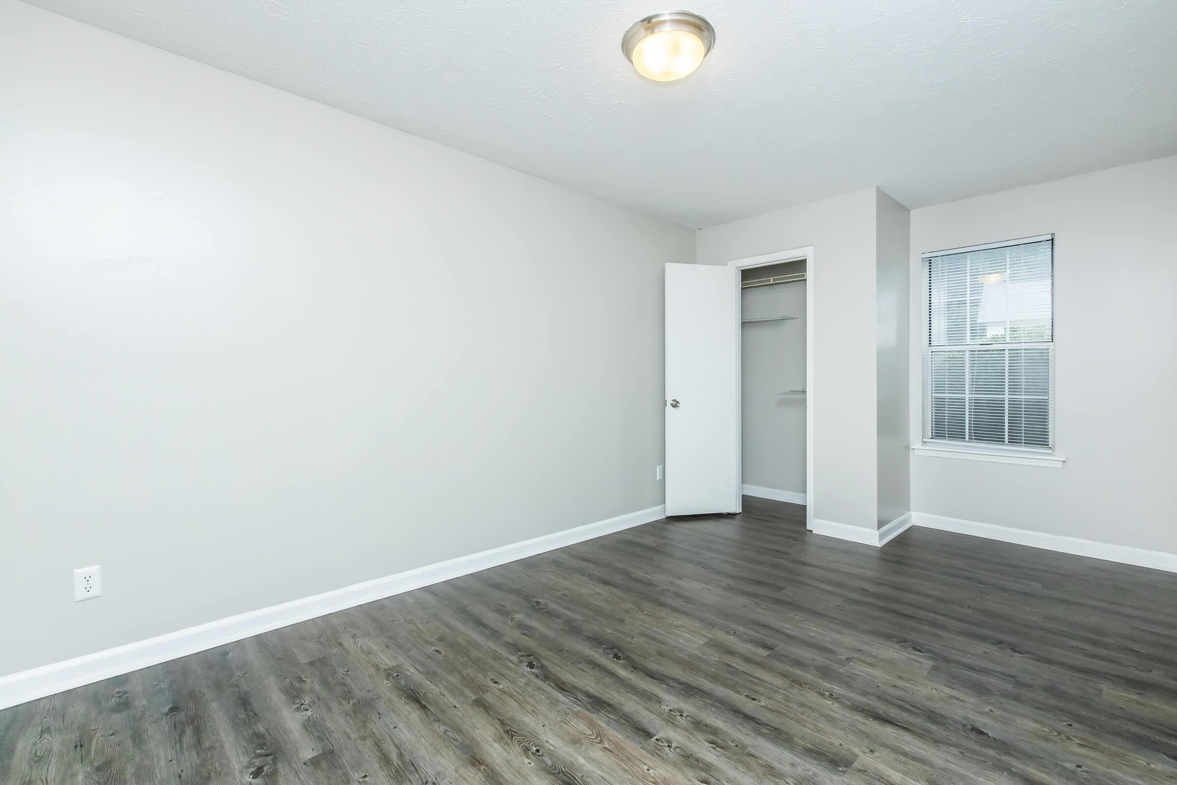 Empty room featuring light gray walls, a ceiling light fixture, and synthetic wood flooring. A closet with a white door is visible on the left, while a window with blinds allows natural light to enter from the right side. The overall space appears clean and uncluttered, suitable for a variety of uses.