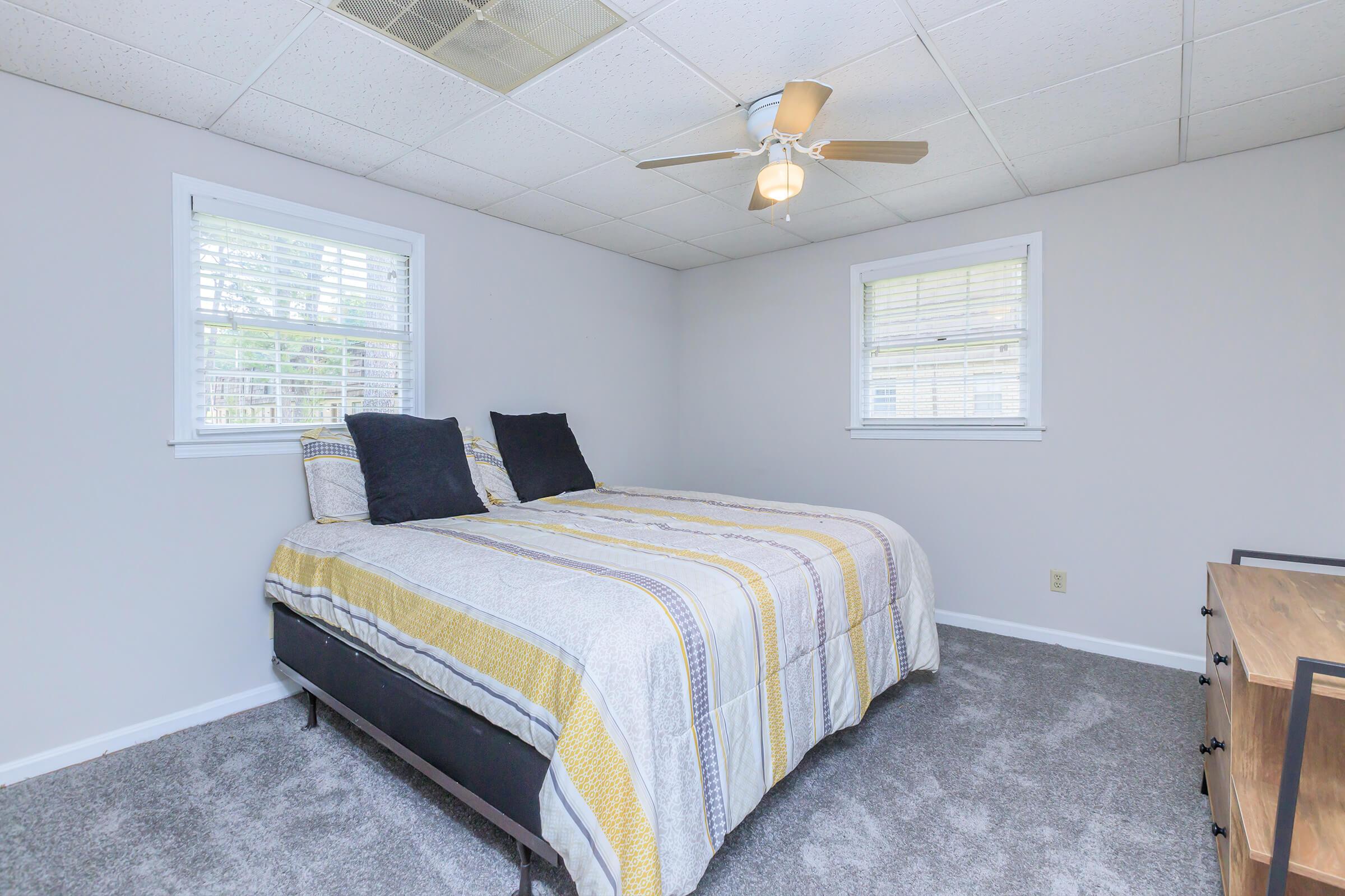 A cozy bedroom featuring a queen-sized bed with a striped blanket, two black pillows, and light gray walls. There are two windows allowing natural light, and a ceiling fan for airflow. The floor is covered in soft, light gray carpet, and a wooden dresser is visible in the corner.