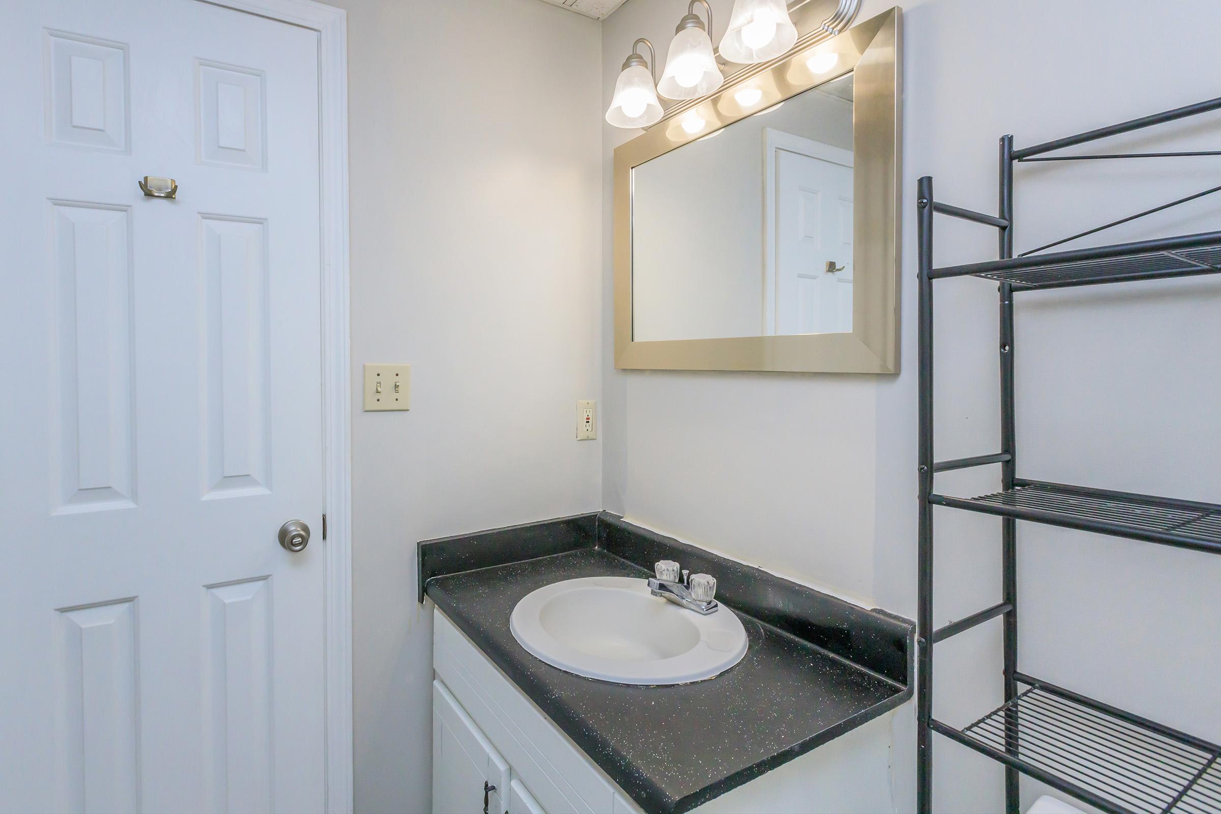 A bathroom sink area featuring a dark countertop, a round sink with chrome faucets, a wall-mounted mirror with a light fixture above, and a black metal shelving unit. The wall is painted light gray, and there is a white door in the background.