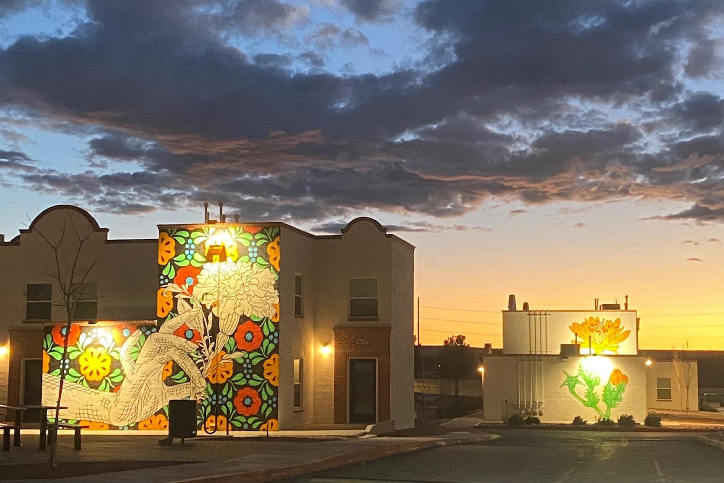 A vibrant mural featuring a dragon and floral patterns adorns one building, while another building displays a colorful flower design. The scene is set against a dramatic sunset with clouds, casting warm light on the buildings and creating an artistic urban atmosphere.