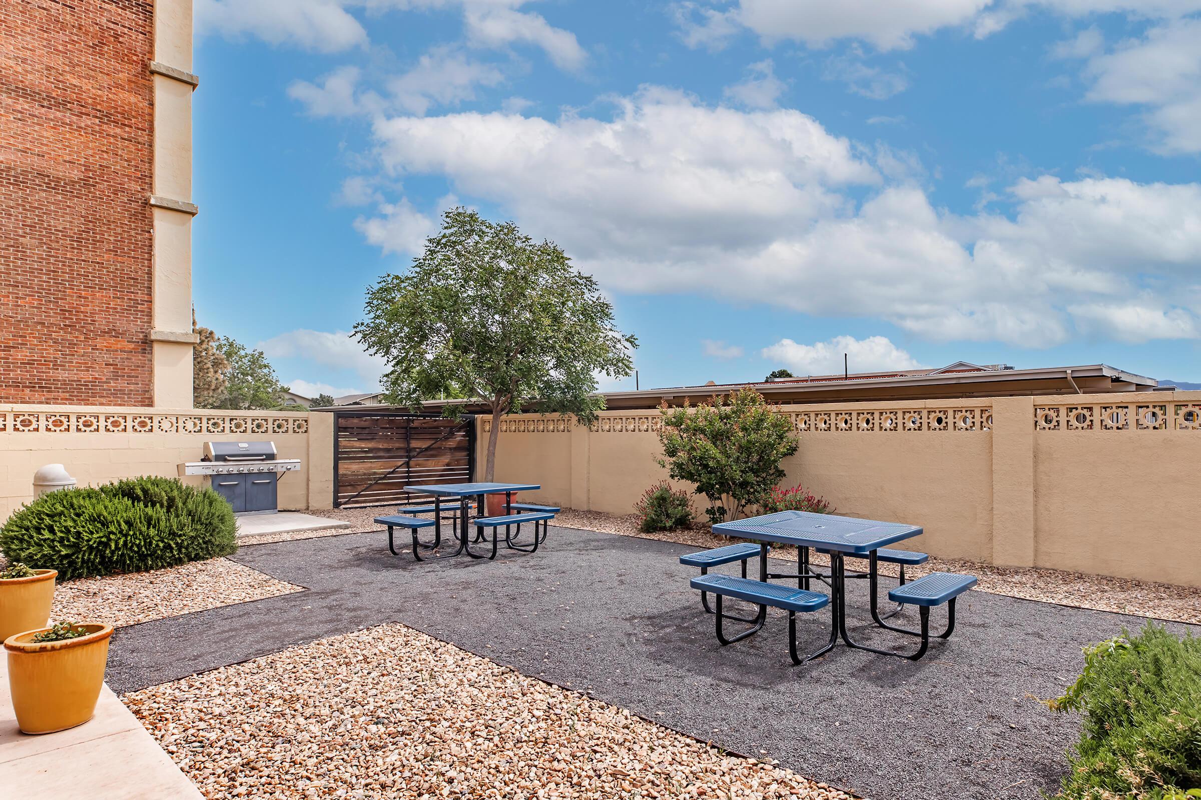 Outdoor space featuring several blue picnic tables surrounded by gravel, with a green shrub nearby. A barbecue grill is positioned against a wall, which has decorative tiles. A fence separates the area from the neighboring property, under a partly cloudy sky.