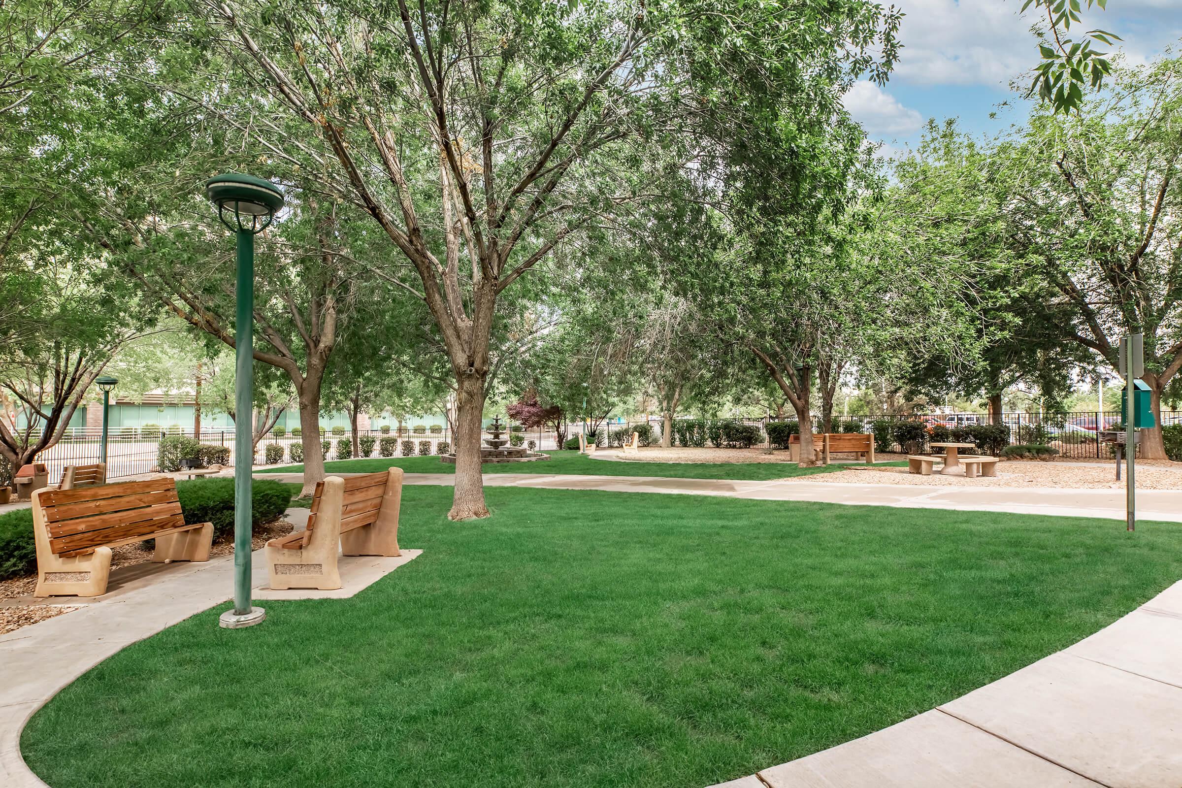 A spacious park with lush green grass, surrounded by trees. There are wooden benches along a walkway, providing shaded seating areas. A picnic table is visible in the distance, and the scene is brightened by a clear sky, creating a serene outdoor environment.
