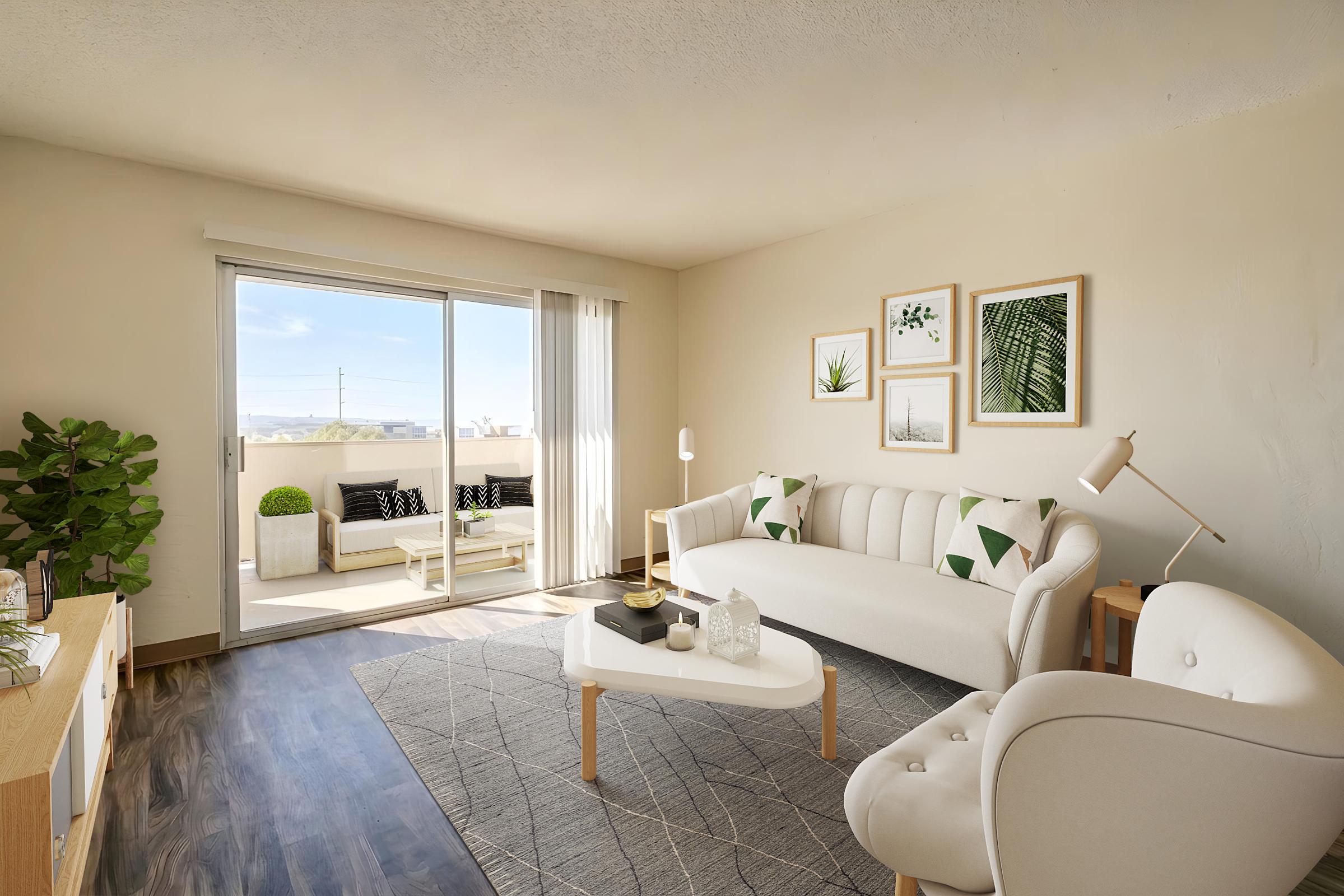 Bright and airy living room featuring a cozy white sofa with green accents, a stylish armchair, and a modern coffee table. Large windows provide natural light, and sliding glass doors lead to a balcony with outdoor seating. Decorative plant elements and framed wall art enhance the inviting atmosphere.