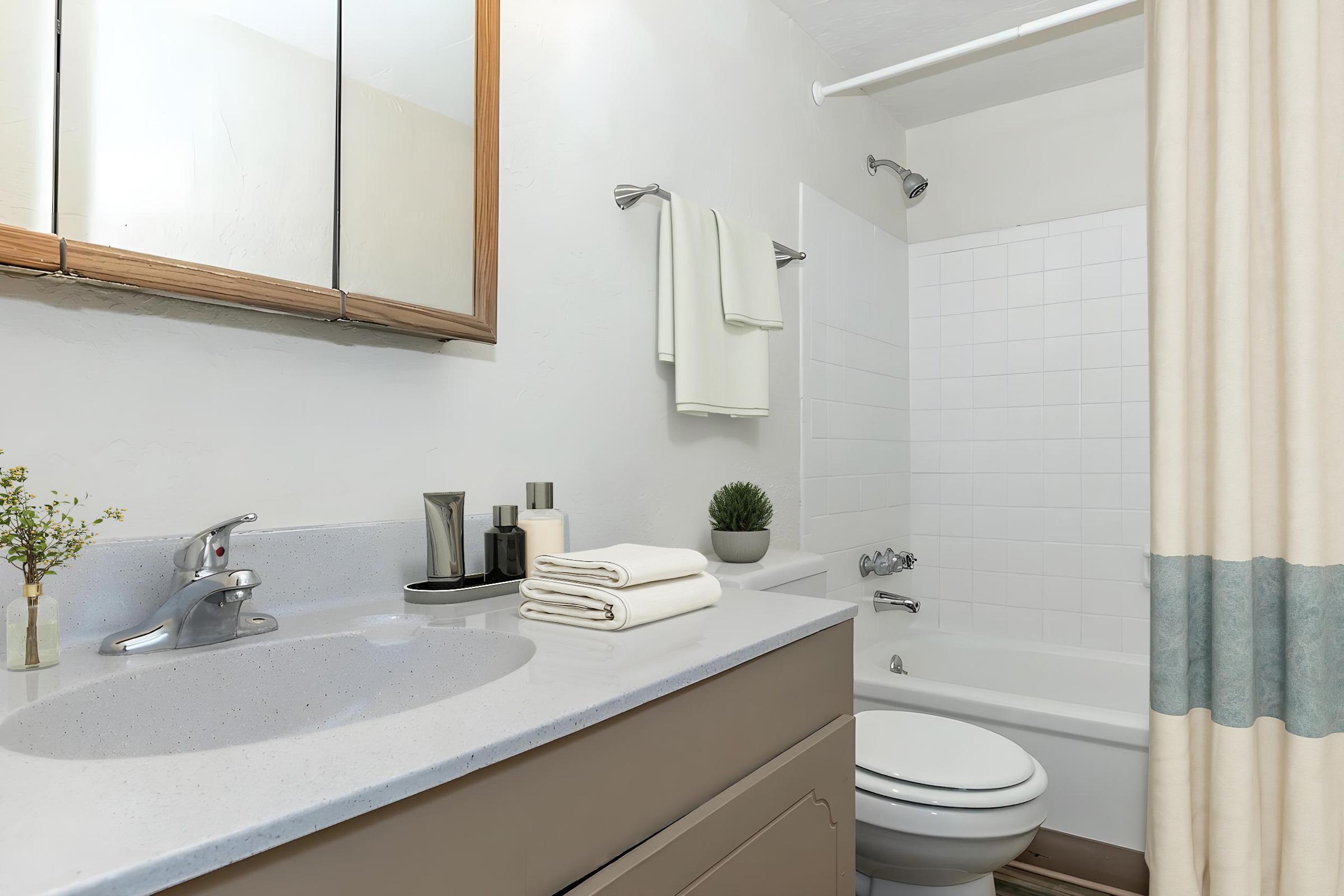 A clean and modern bathroom featuring a white bathtub with a shower curtain, a sink with a mirror above, neatly arranged towels, and minimal decor including a small plant and hygiene products. The color scheme is neutral with hints of blue.